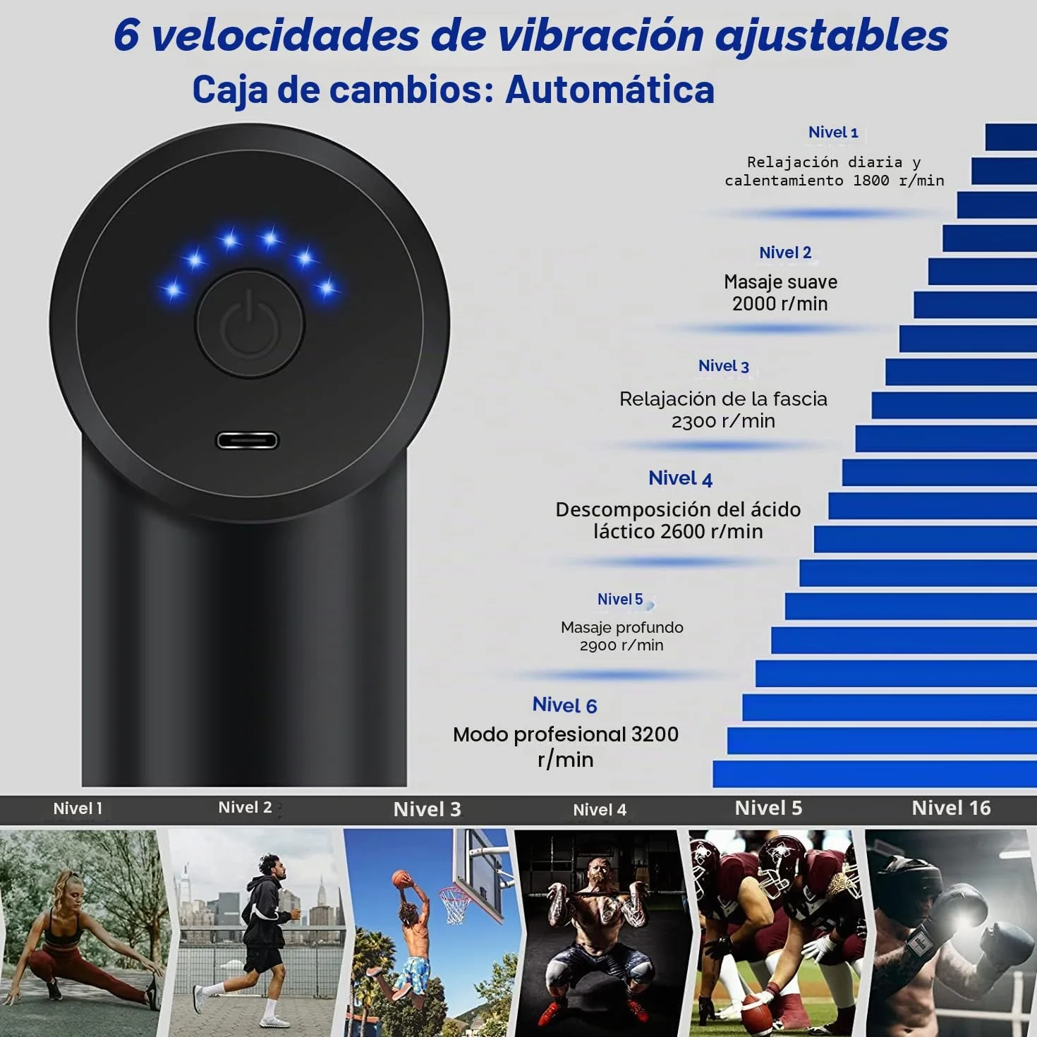 Uplayteck Mini Pistola de Masaje Muscular Portátil 35DB 6 Velocidades 4 Cabezales