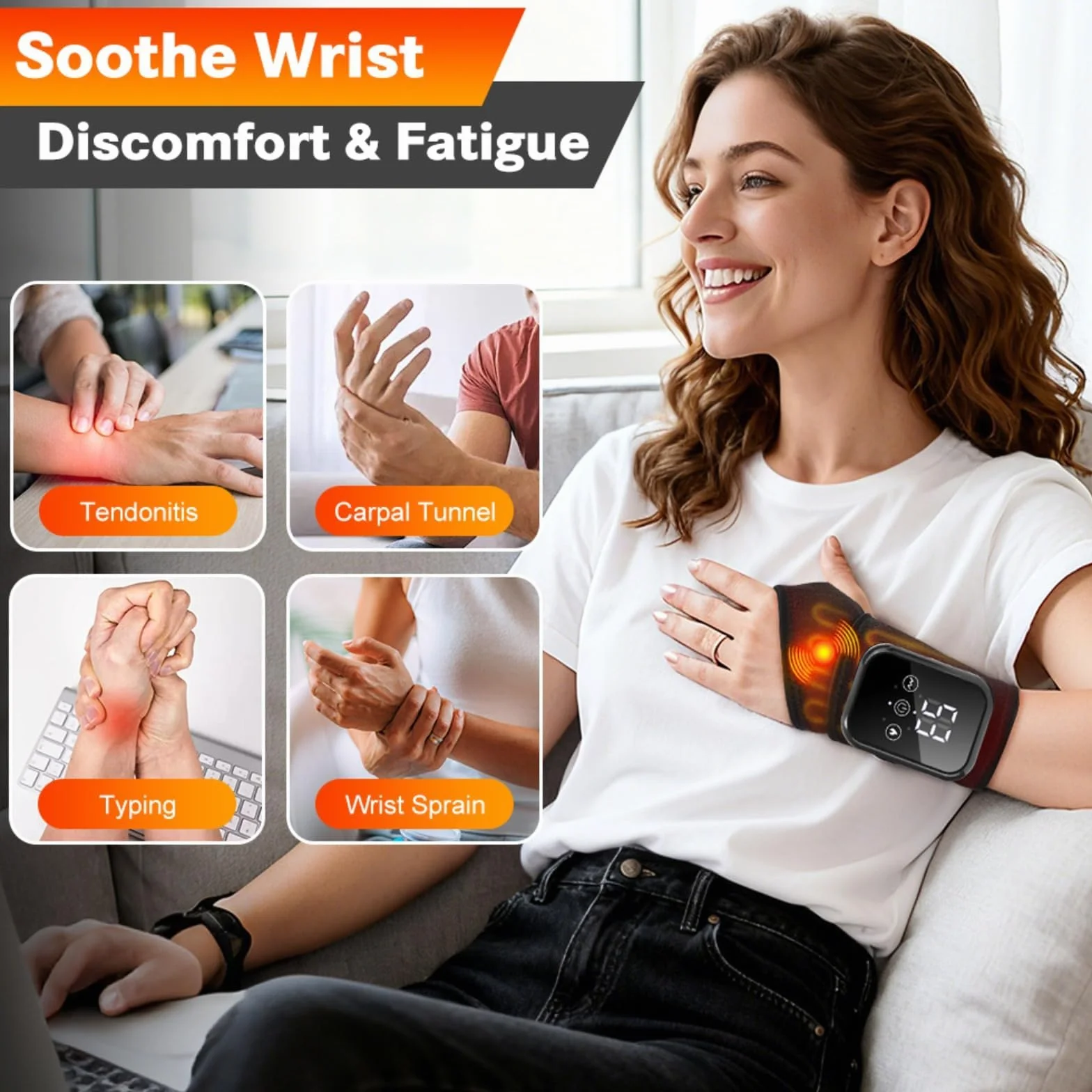 Masajeador eléctrico de muñeca con almohadilla térmica y vibración recargable ajustable para artritis tendinitis Gray