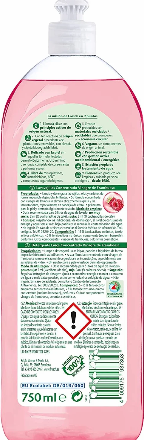 Frosch Lavavajillas a Mano Concentrado Frambuesa 750 ml