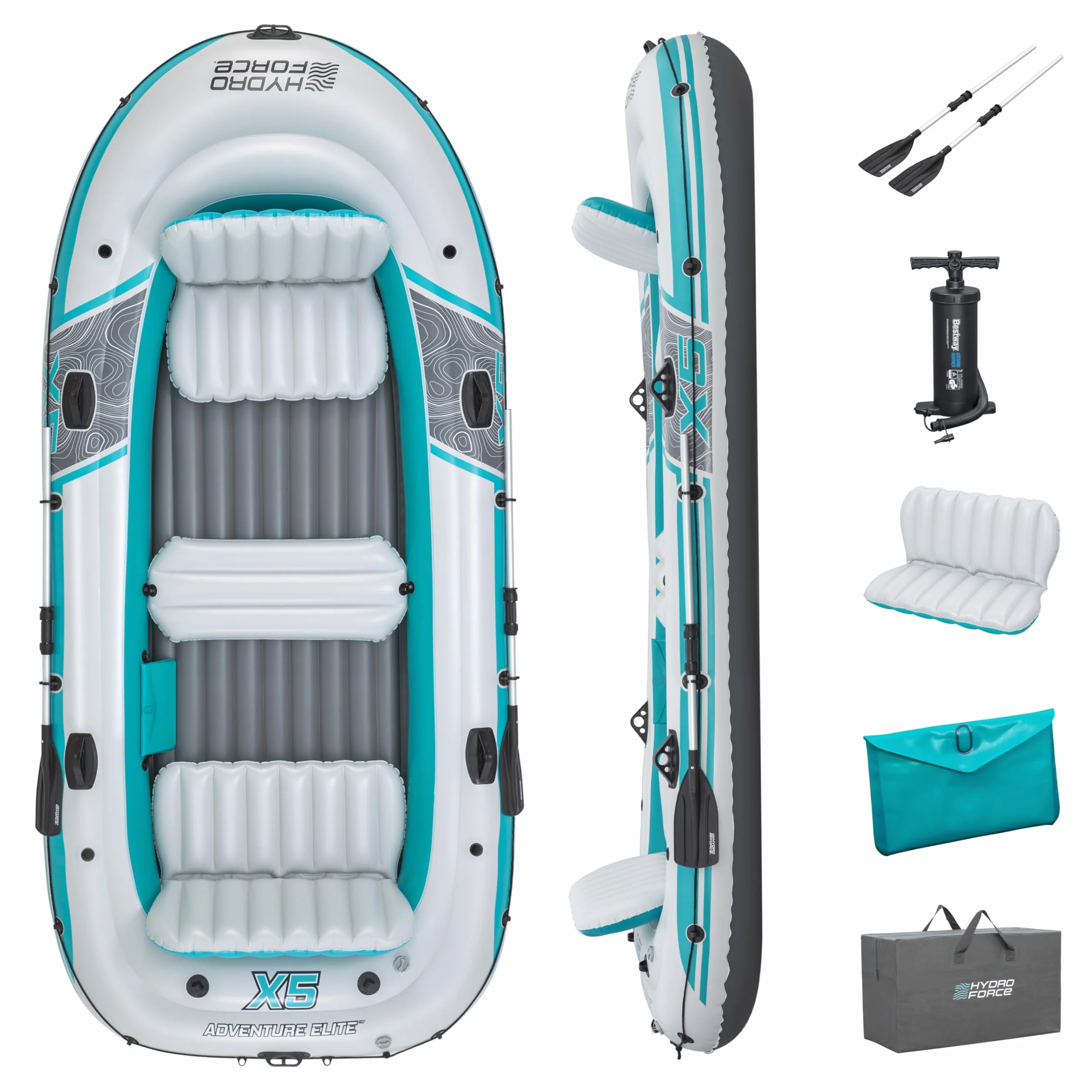 Bestway | Hydro-Force Adventure Elite X5 Inflatable Raft Set| Inflatable Boat with Hand Pump, Oars, Seats, Gear Pouch, Carry Bag | Five-Seater