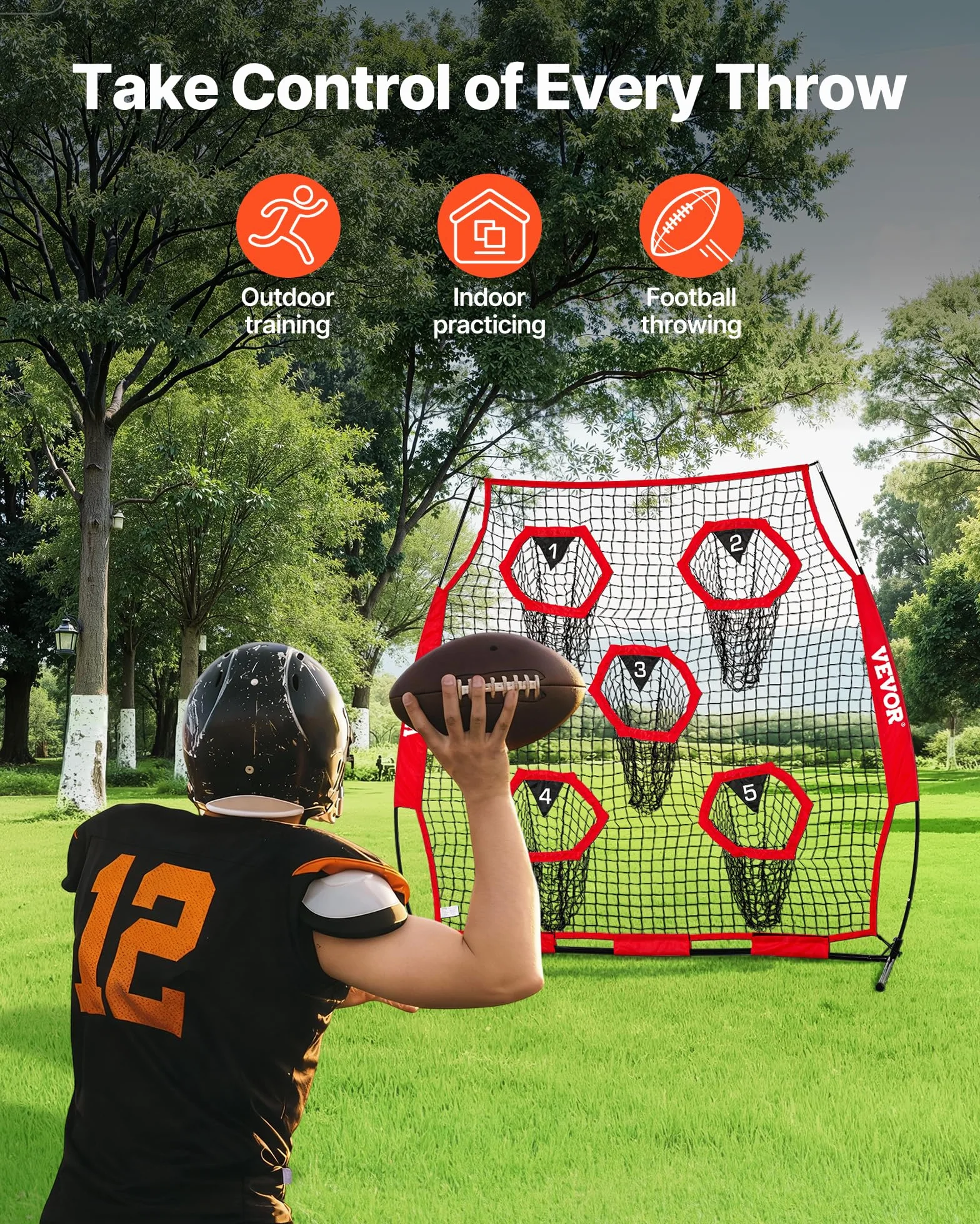 VEVOR Red de Lanzamiento para Entrenadores de fútbol, 1,8 x 1,8 m, Red de Entrenamiento con 5 Bolsillos para Diana, Red sin Nudos con Correas y Bolsa de Transporte, Mejora la precisión de Lanzamiento