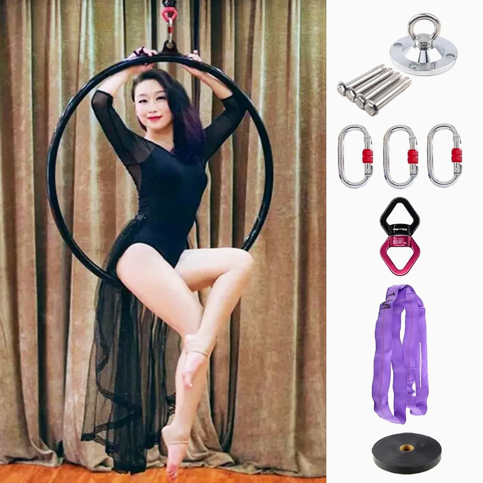 Juego de Anillas aéreas de Hierro, Disponibles en tamaños de 80 cm, 90 cm, 95 cm y 100 cm. Anillas Negras, aptas para Principiantes y Profesionales. Accesorios de Danza, Incluye complementos