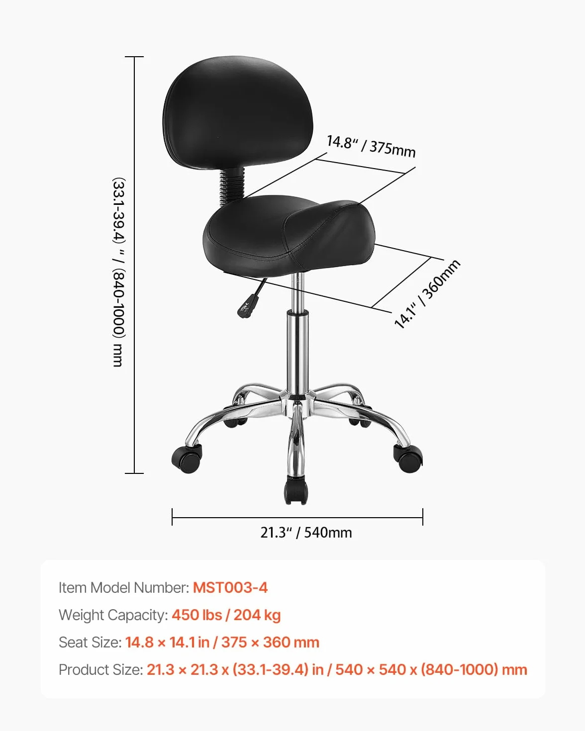 VEVOR Taburete Giratorio Altura Ajustable 84-100cm Carga 204kg, Silla de Montar Ergonómica Cuero PU Negro