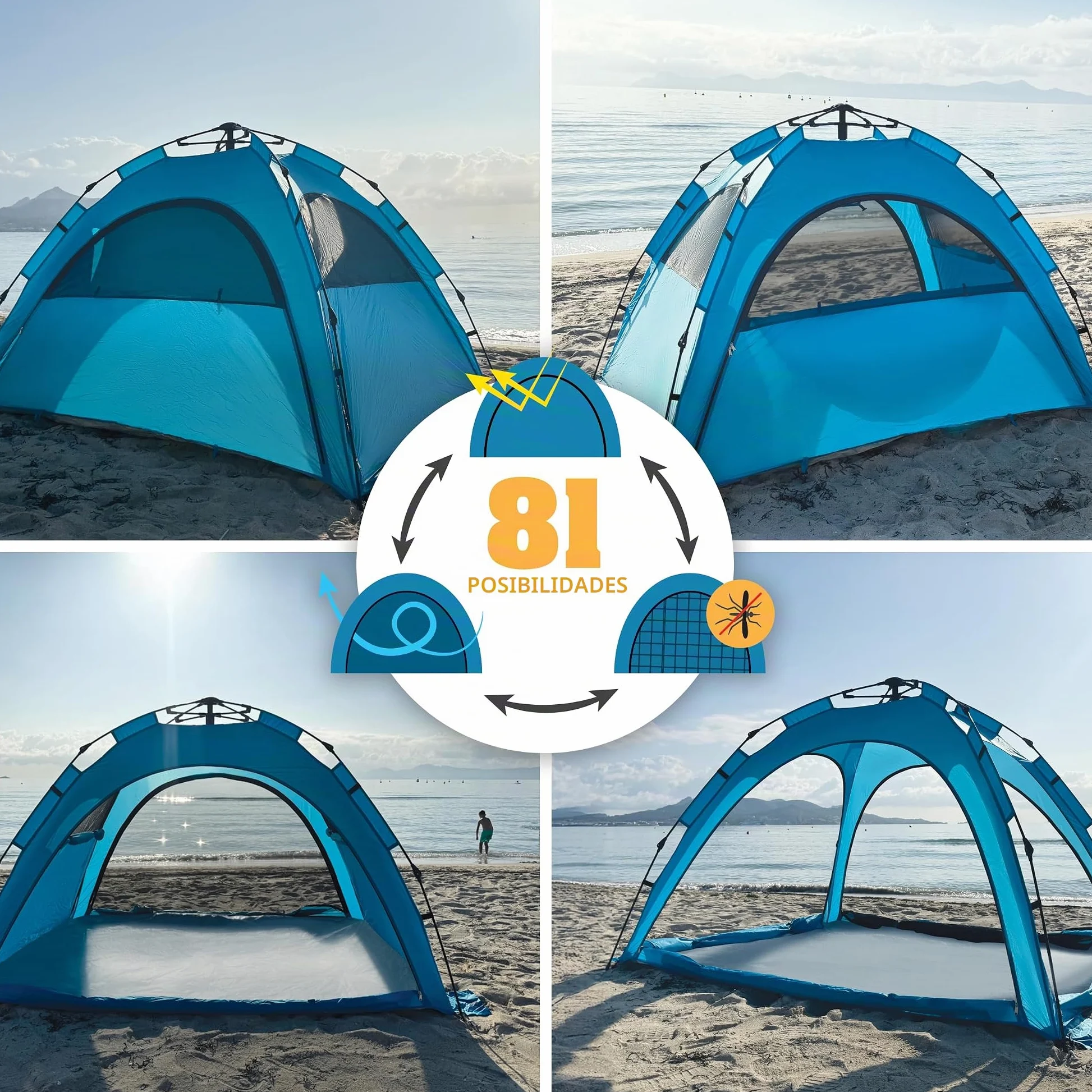 outdoorer Sun Snapper Air - Refugio de playa con 4 puertas y 3 ventanas, montaje rápido, protección UV 80, protección visual y protección contra insectos