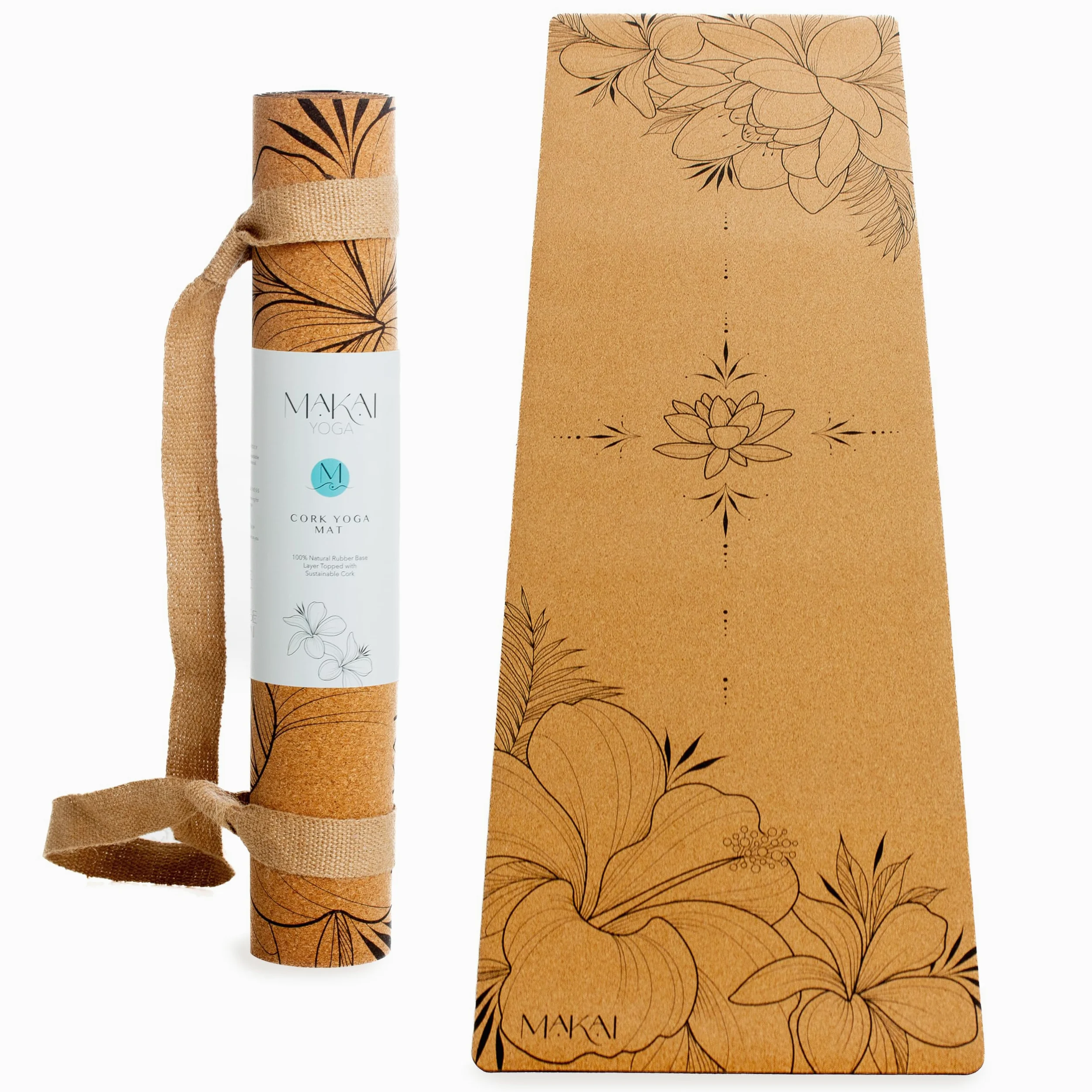 MAKAI Esterilla de yoga de corcho | Ecológica 100% corcho natural y goma | Esterilla antideslizante premium de 4 mm | Incluye correa de transporte de cáñamo | Esterilla de ejercicio y pilates para el