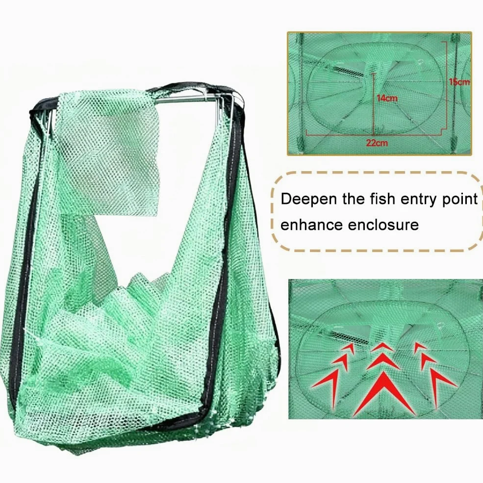 Red de trampa plegable para peces, red de camarones y cangrejos estilo paraguas, red de pesca de apertura automática con múltiples agujeros de entrada, trampa de malla duradera para camarones