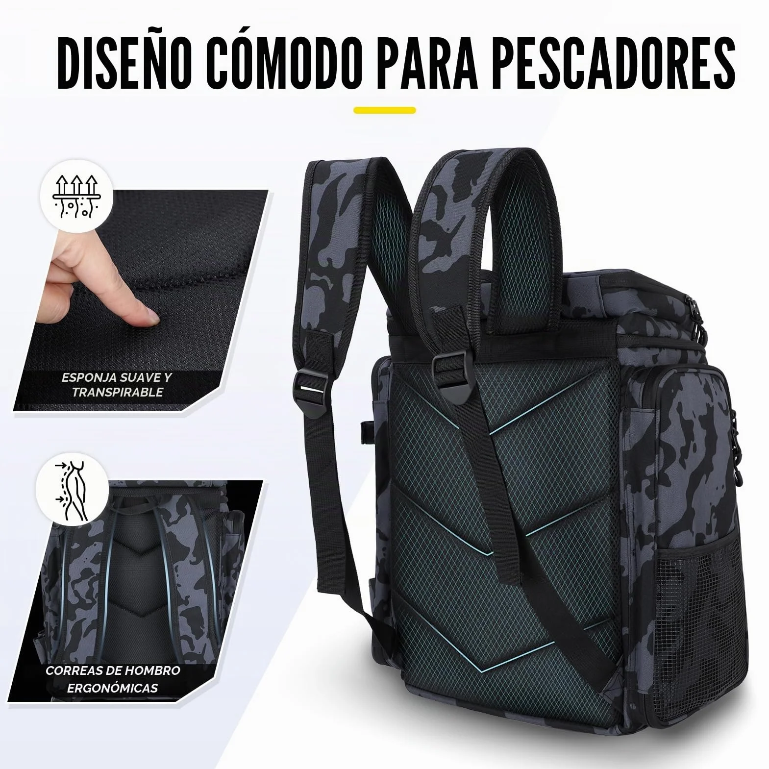 PLUSINNO Mochila para Aparejos de Pesca con Soportes para caña de Pescar, Camuflaje Negro.
