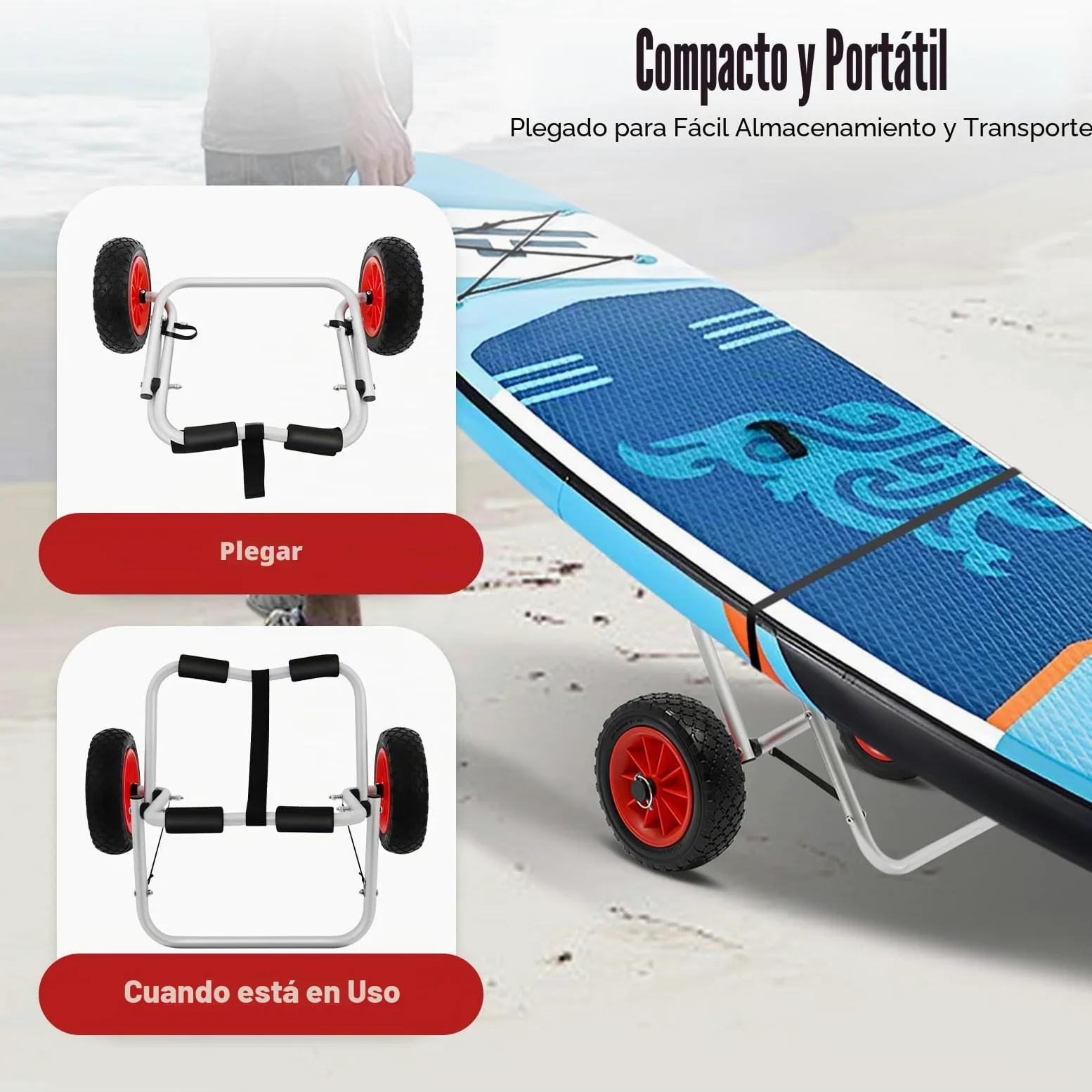Carrito plegable para kayak de hasta 80 kg, ruedas de 10 pulgadas