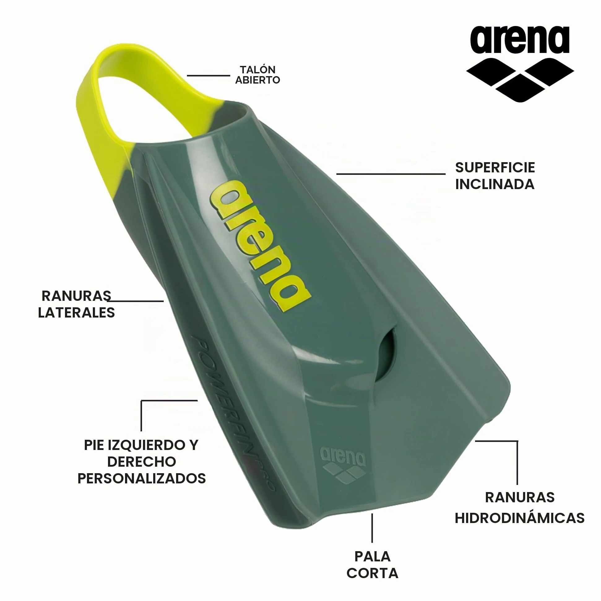 Arena Powerfin Pro II Aletas de entrenamiento de natación unisex para adultos, aletas de hoja corta de silicona, pies personalizados, Verde oscuro/amarillo, 36/37