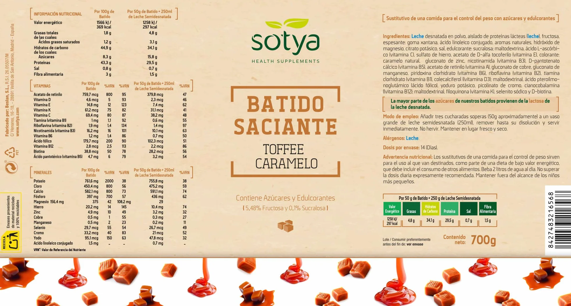 BATIDOS SACIANTES 550G POLVO SABOR TOFFEE CARAMELO
