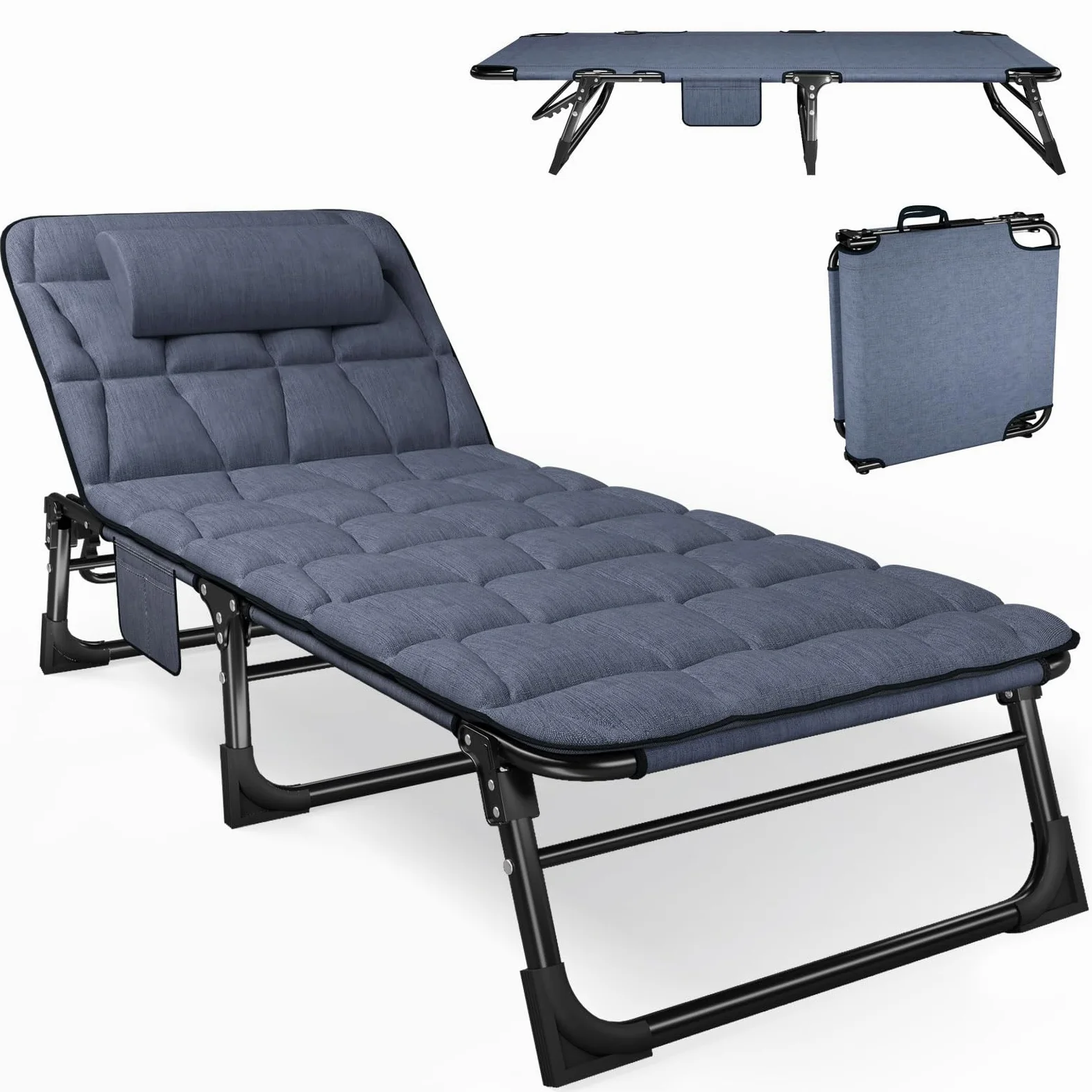 ATORPOK SHOP Tumbona plegable con respaldo ajustable en 5 posiciones, combinación de cama de camping portátil versátil para jardín, piscina, patio, colchón acolchado y cojín – Azul