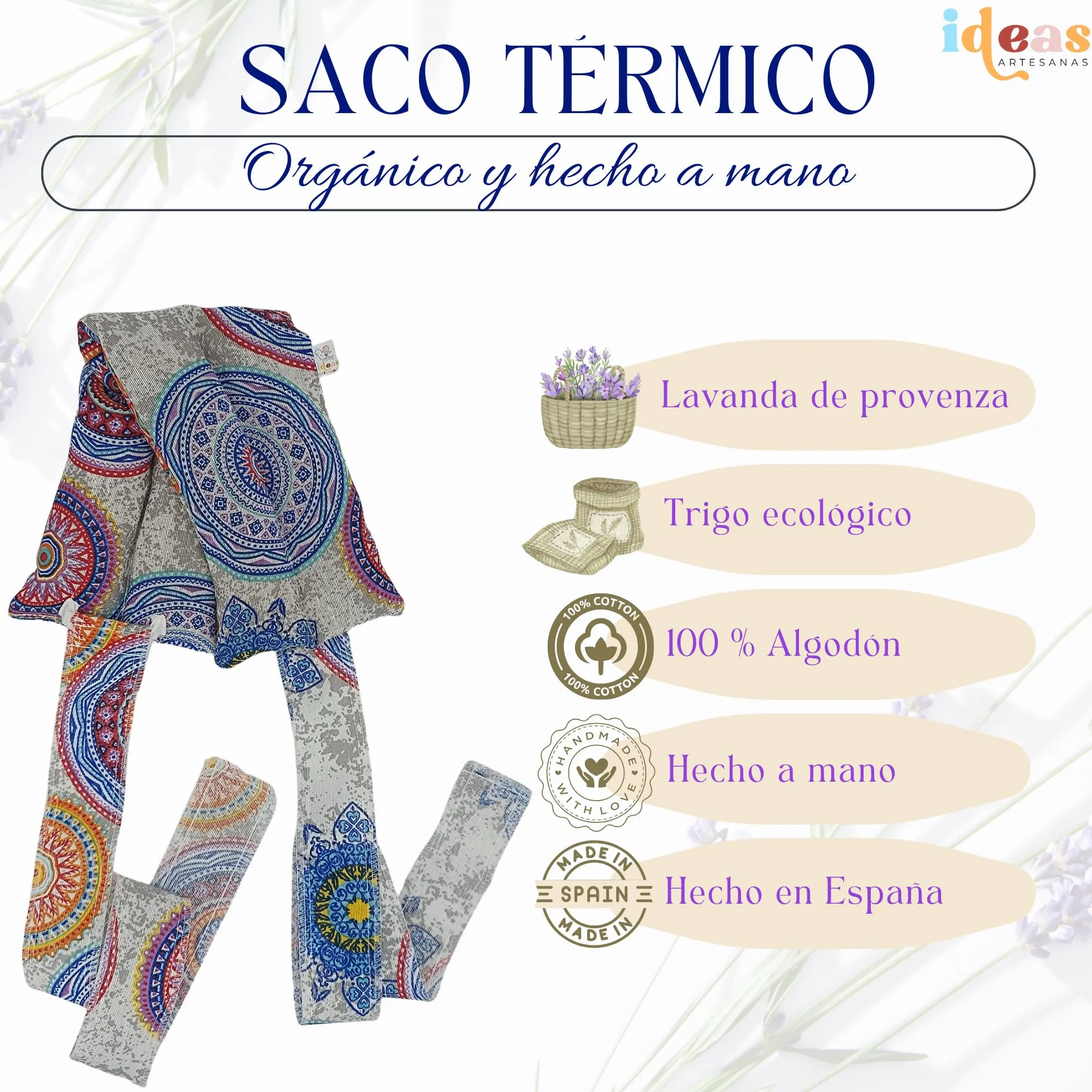 Saco Semillas Microondas Cojín Térmico Ajustable 100% Algodón Trigo Lavanda Alivio Dolores Musculares Menstrual Lumbago Mandala Azul