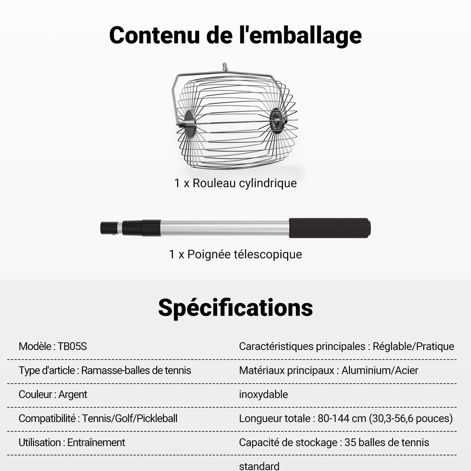 NEEWER Basics TB05S - Recolector de Pelotas de Tenis, no más agacharse, recogedor Ovalado de 80 – 144 cm, recogedor telescópico para hasta 35 Pelotas de Tenis