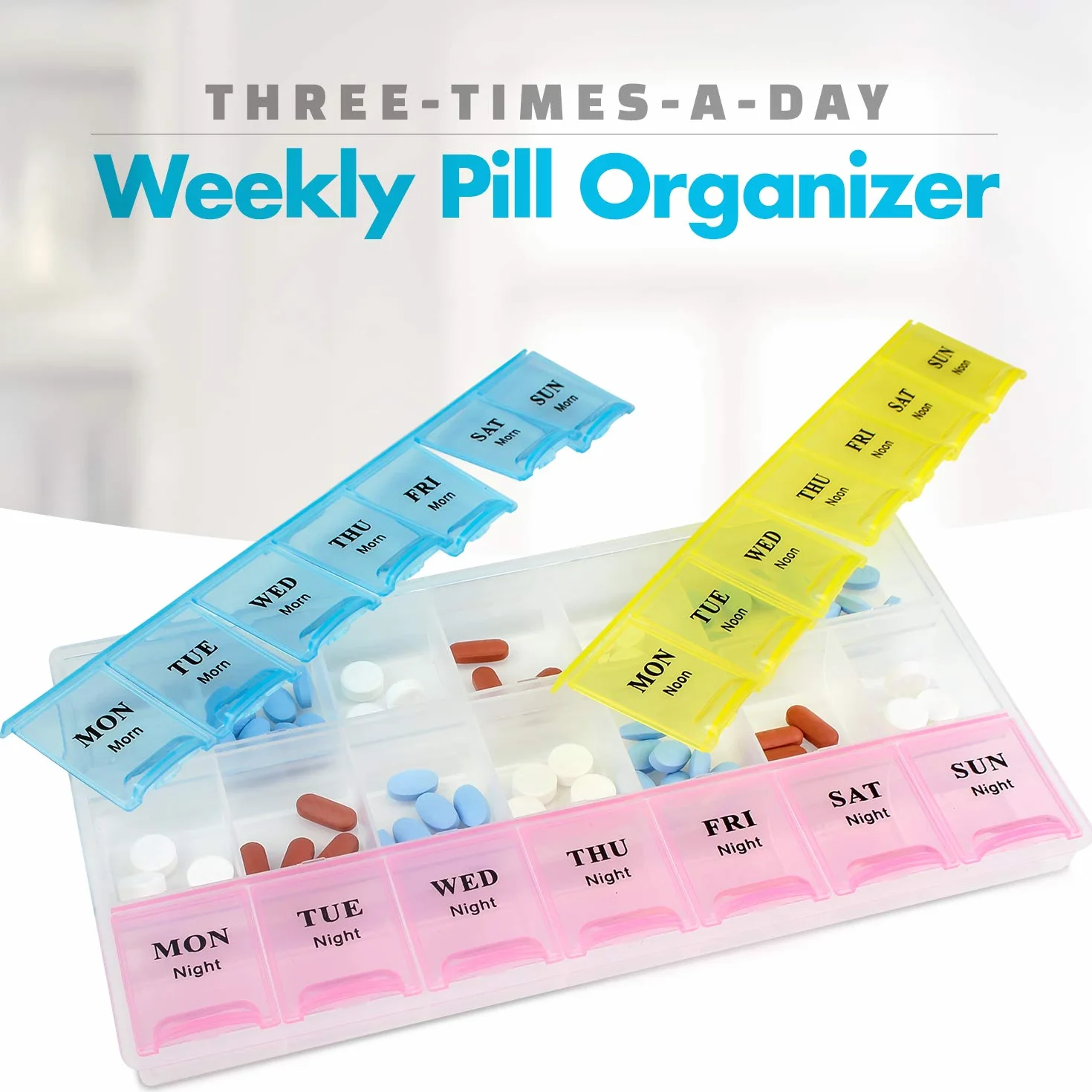 Pastillero semanal para vitaminas y medicamentos, organizador 21 tomas, 3 tomas diarias, 2 unidades