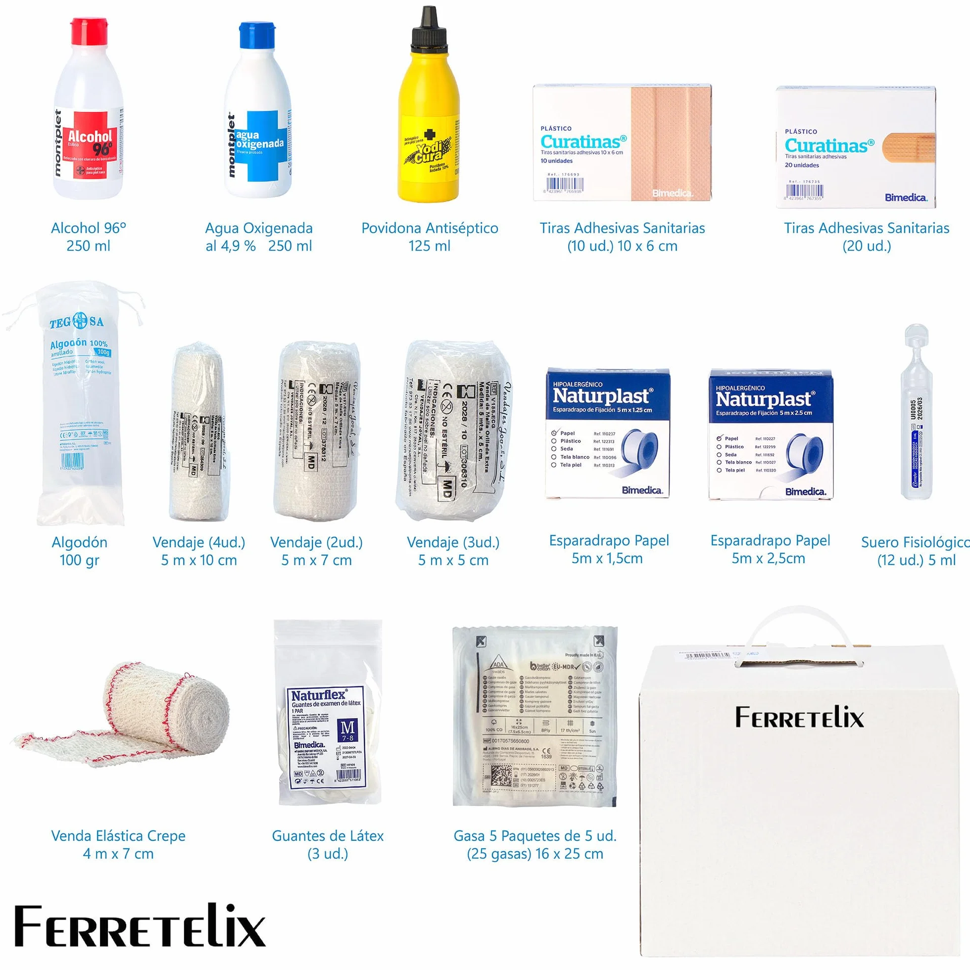 Ferretelix® Kit Reposicion Armario Maletin Botiquin Primeros Auxilios Homologados CE Fabricado en España