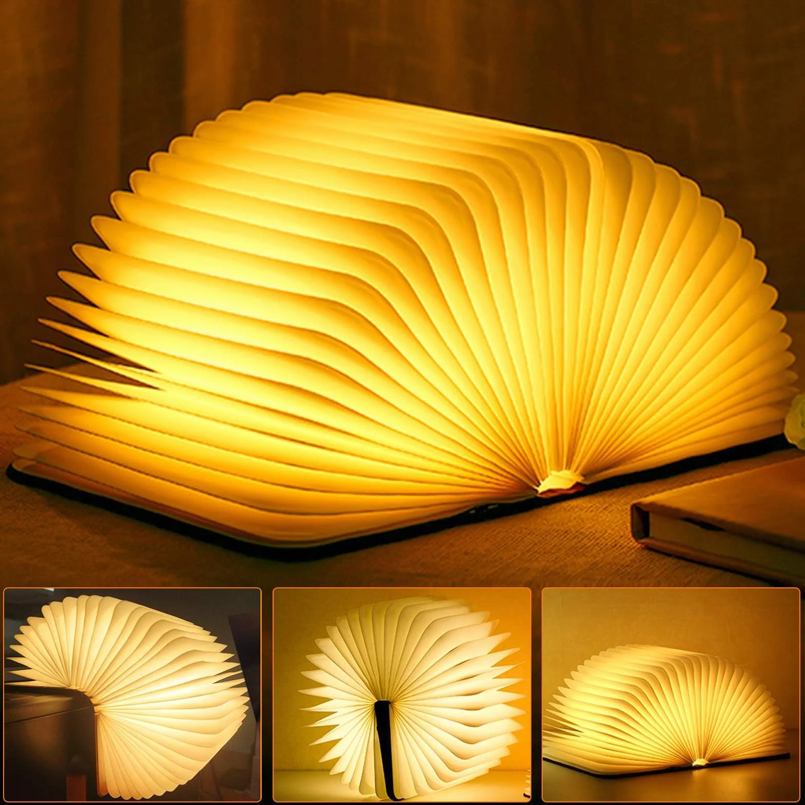 Lámpara LED Libro Plegable Madera 360° USB Recargable 2000 mAh Blanco Cálido