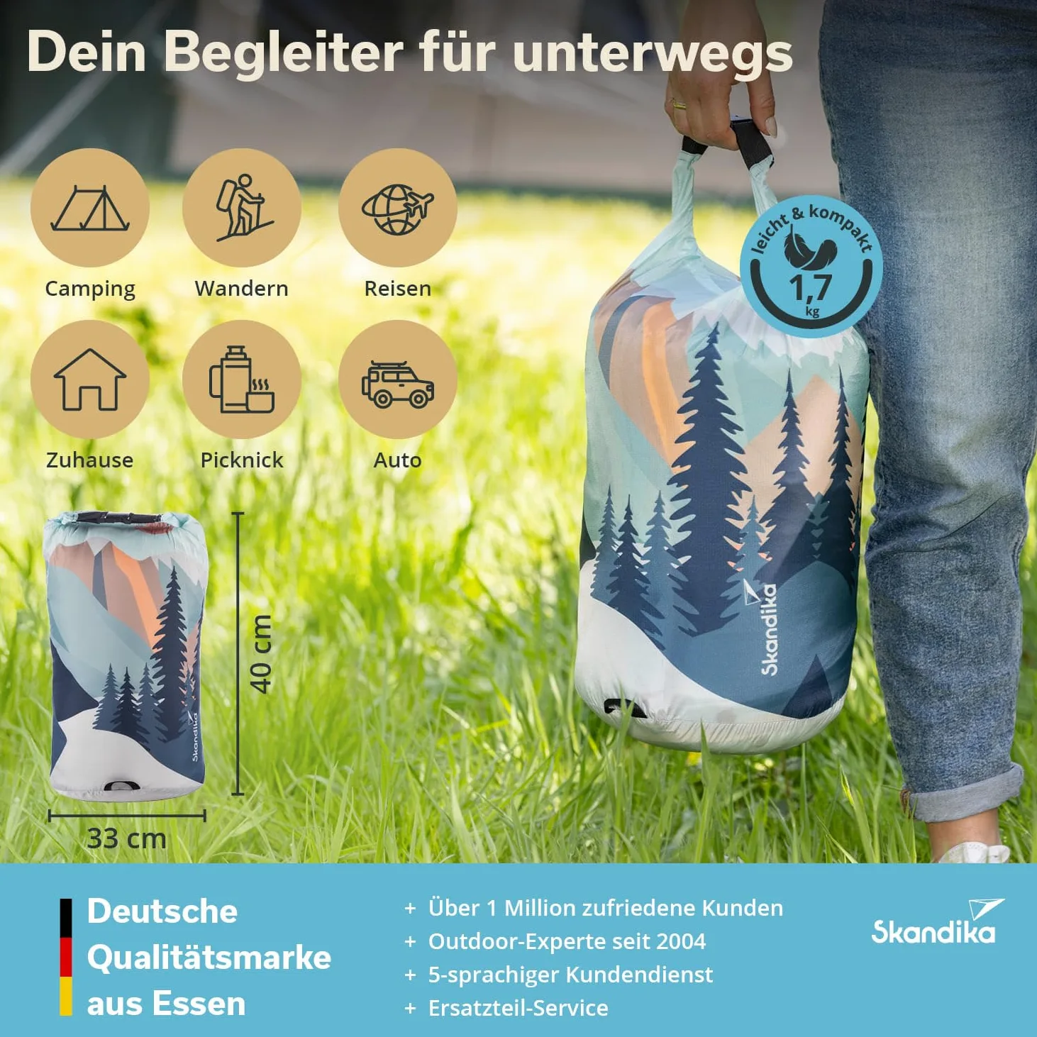 Skandika Manta de Camping para Exteriores Liva | 4 en 1, 200 x 135 cm, Colcha, Saco de Dormir, Almohada, con Parte Inferior de Piel de Borreguito o Nailon