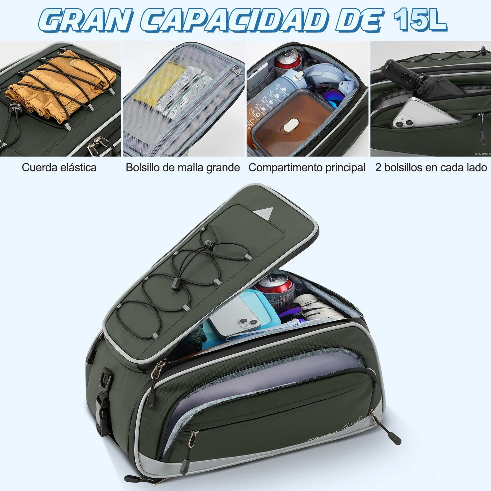 RAINSMORE Alforjas Bicicleta Impermeables 15L Expandibles Bolsa Bicicleta con Funda de Lluvia Reflectante Bolsas para Bicicleta Trasera Ciclismo Urbano y Bicicleta Eléctrica Verde