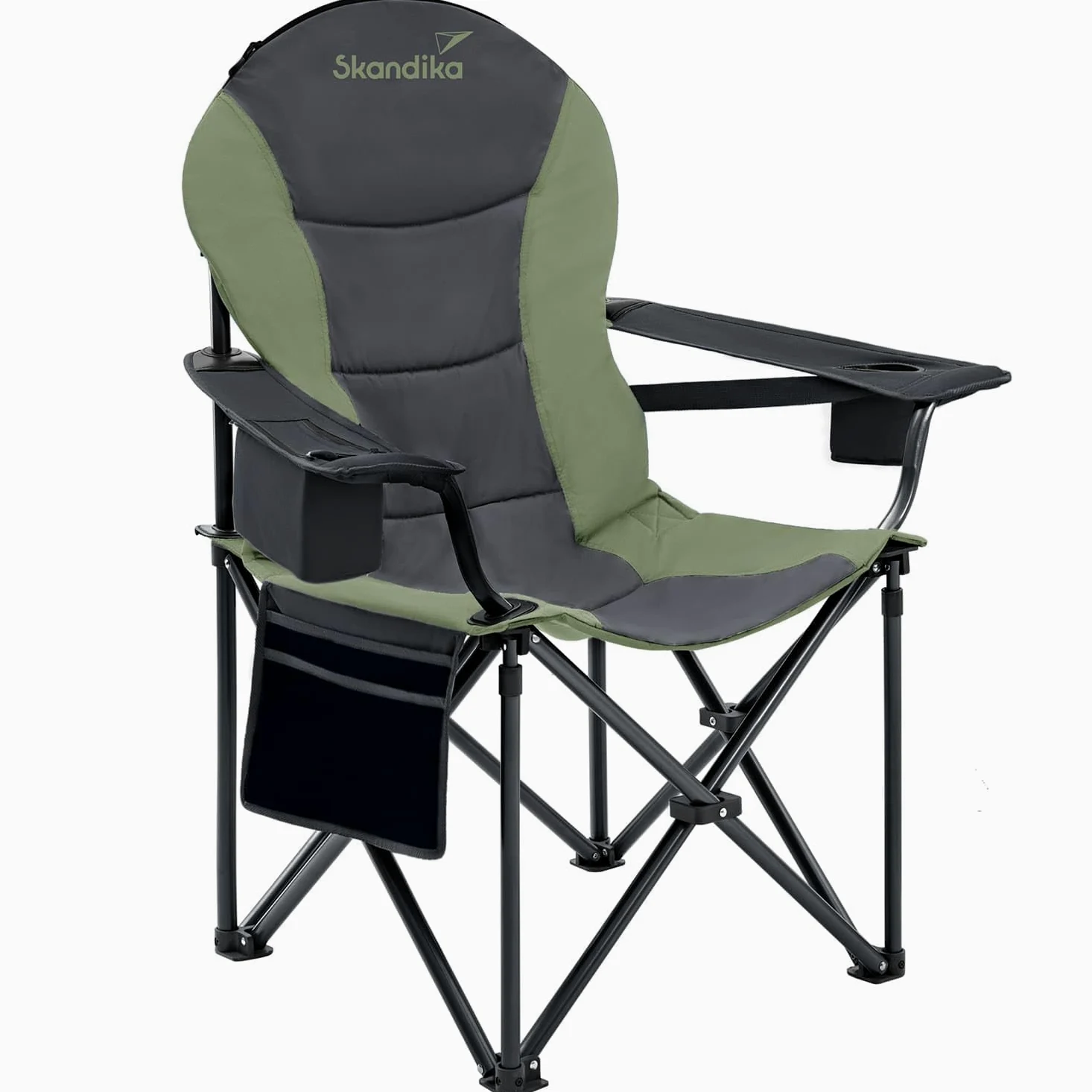 skandika Relax Comfort Silla de Camping - cómoda, Plegable y con portabebidas - máx. Peso Usuario de 150 kg - Bolsa de Transporte (Verde/Gris)