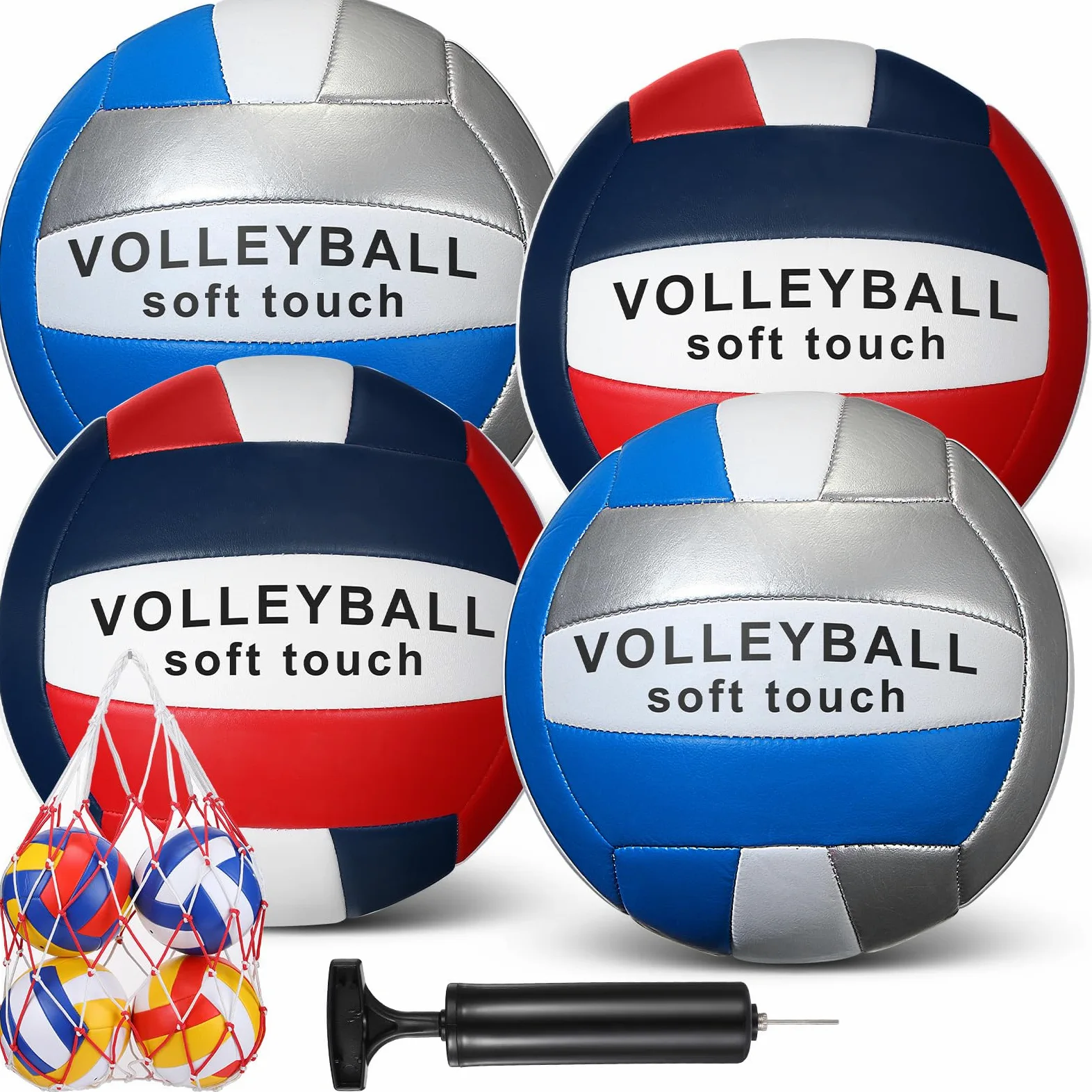 Libima 4 pelotas de voleibol tamaño 5 oficial con bomba y bolsa de red, pelotas de voleibol suaves e impermeables para niños, adolescentes, adultos, principiantes, entrenamiento, interior, exterior,