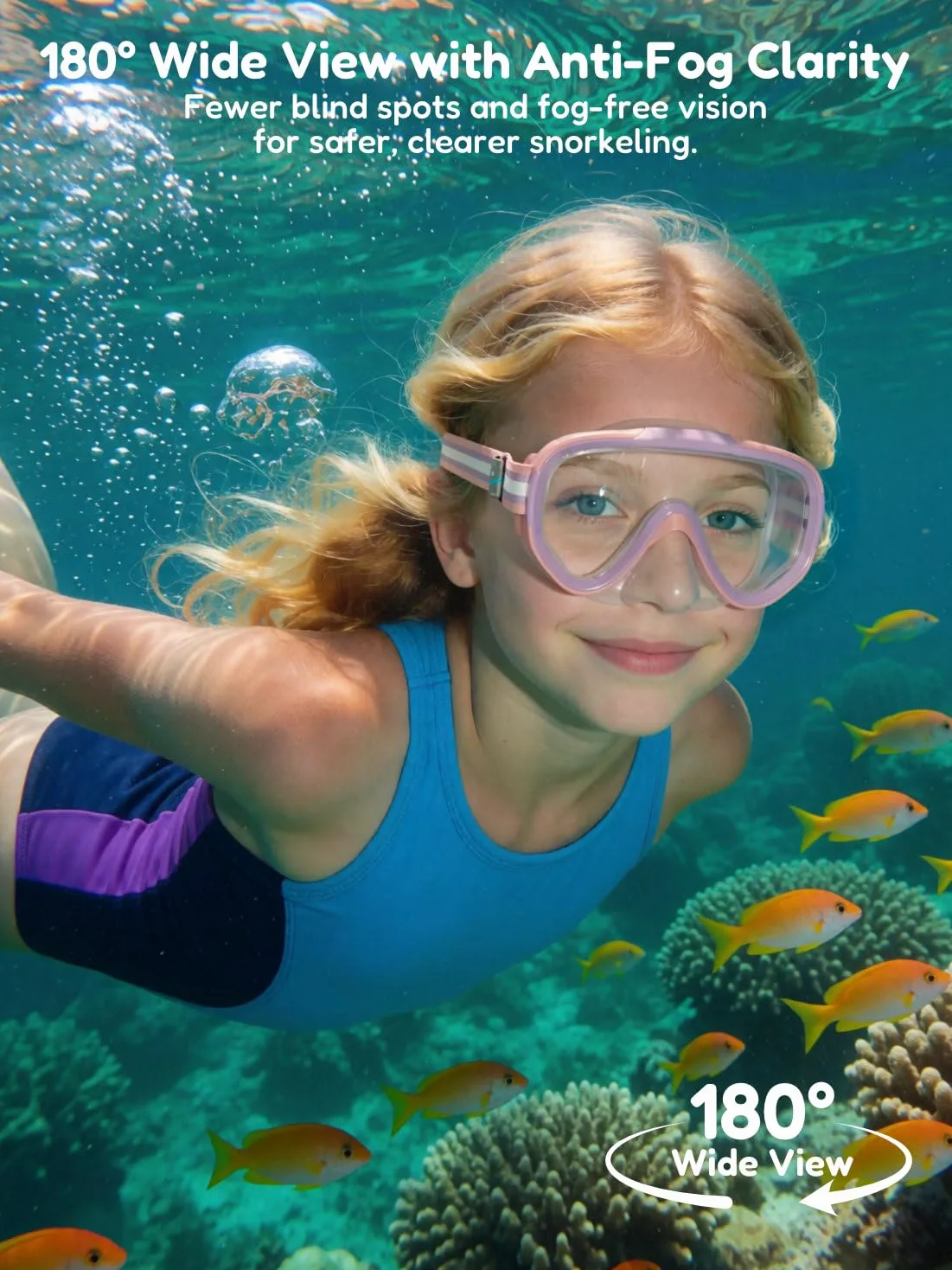 ACURE Gafas de natación para niños y niñas de 3 a 14 años, juego de máscara de esnórquel antivaho con cubierta para la nariz y correa de tela, máscara de buceo para niños en piscina para jóvenes