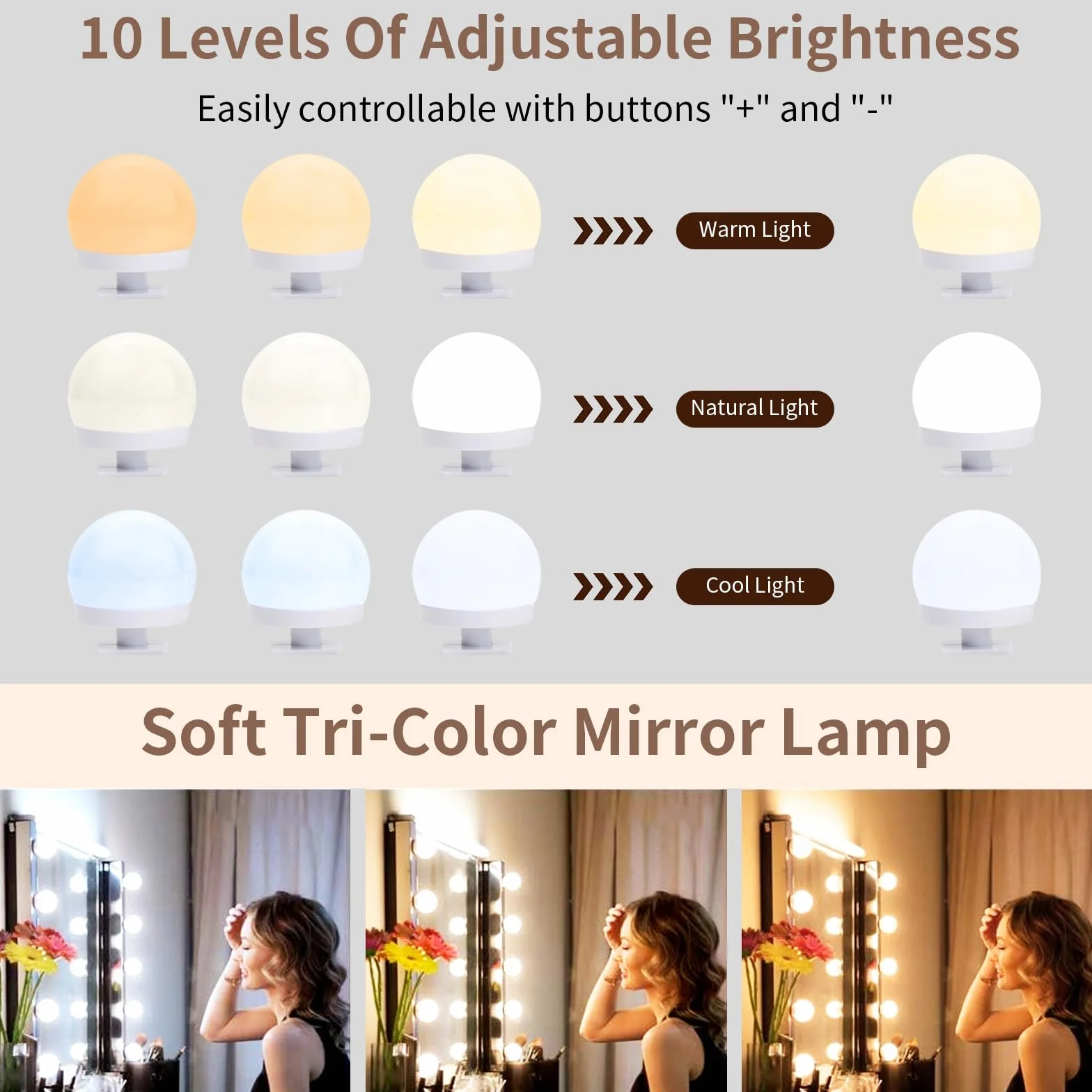 Jinlaili Luces de Espejo Maquillaje LED, 12 Bombillas Regulables, 3 Colores 9 Brillos, Lámpara de Tocador
