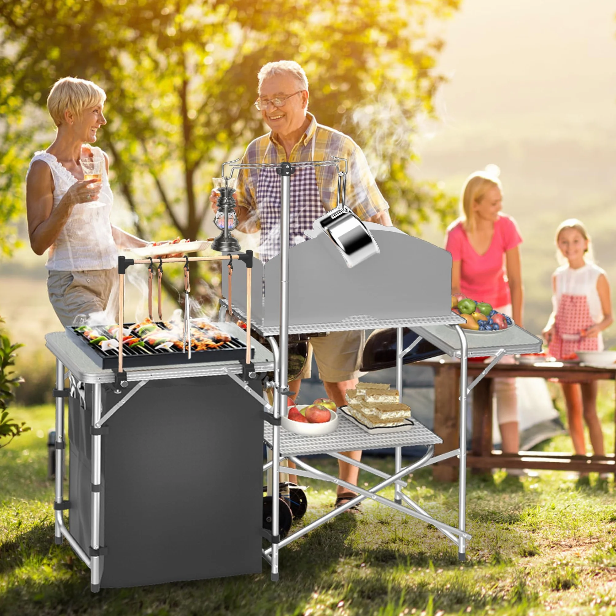 Froadp Cocina de camping plegable con armario de camping, protector de viento y soporte de lámpara ajustable, muebles de camping y cocina de viaje portátil, incluye bolsa de transporte para camping,