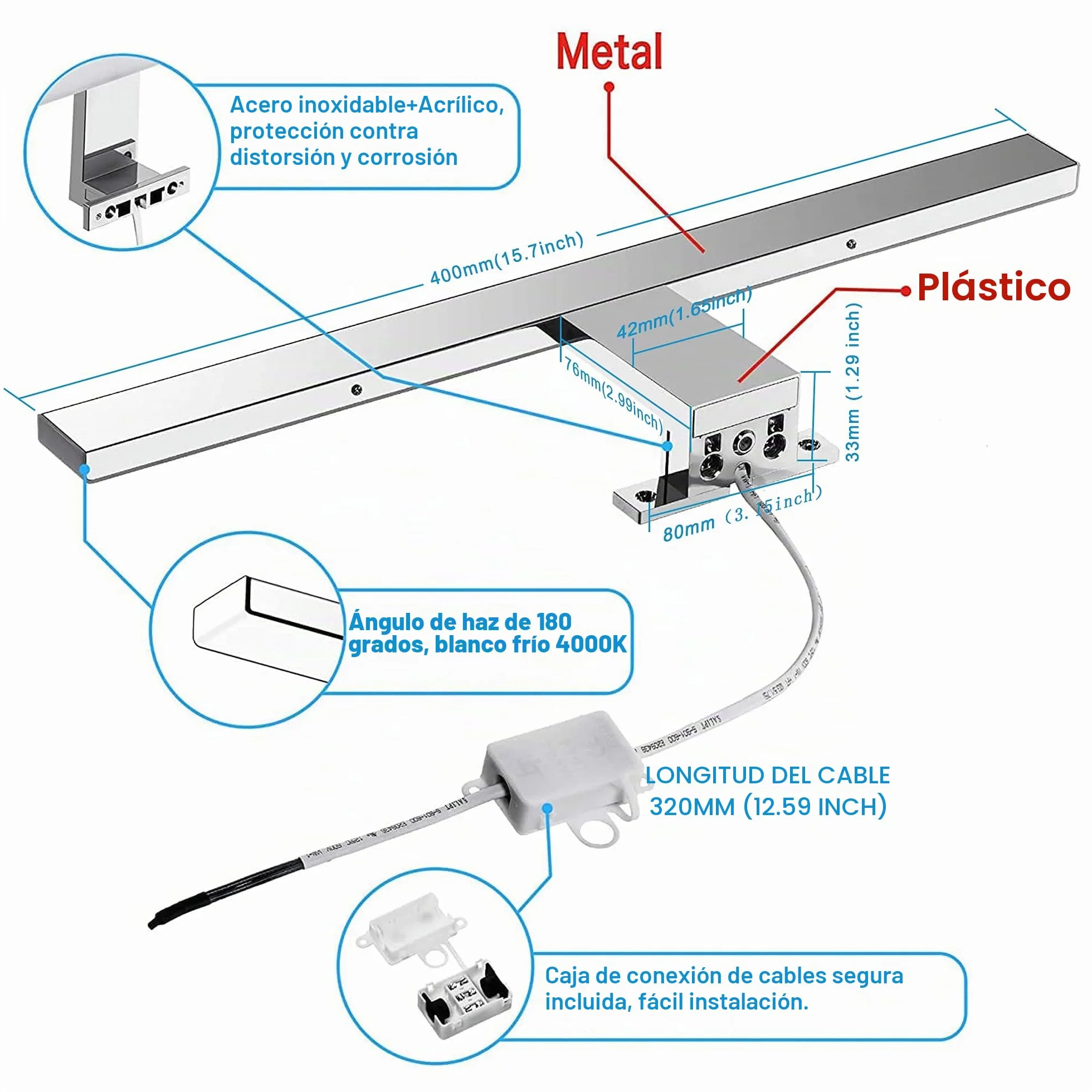 Lámpara LED de Baño 10W 820LM Blanco Neutro 4000K IP44 230V 40cm