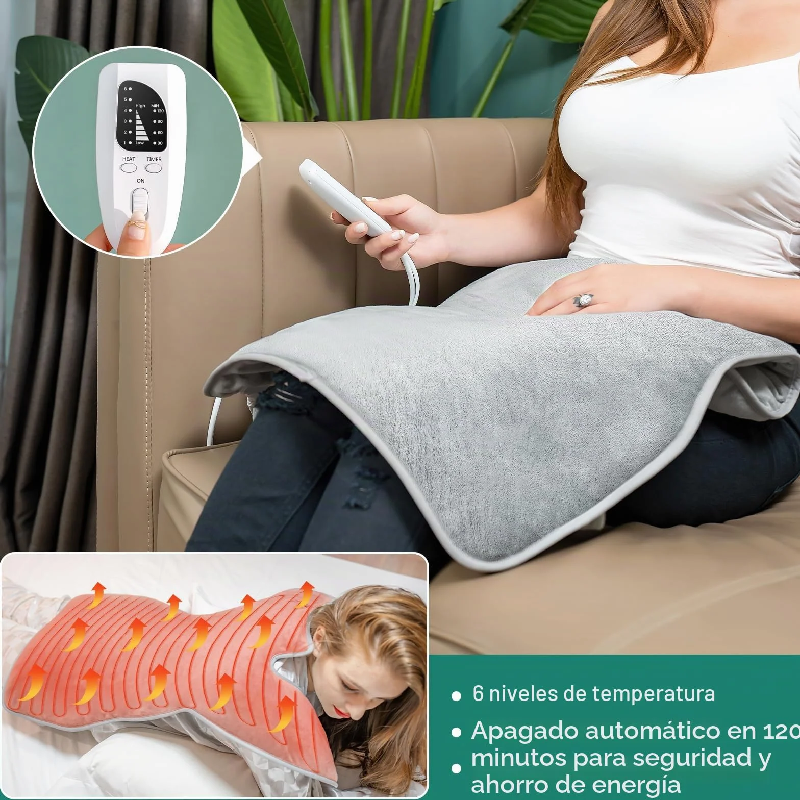Cojín térmico para espalda, hombros y cuello, con apagado automático, lavable a máquina, 6 niveles de temperatura, con 4 temporizadores, almohadilla térmica para la espalda (100 x 60 cm)
