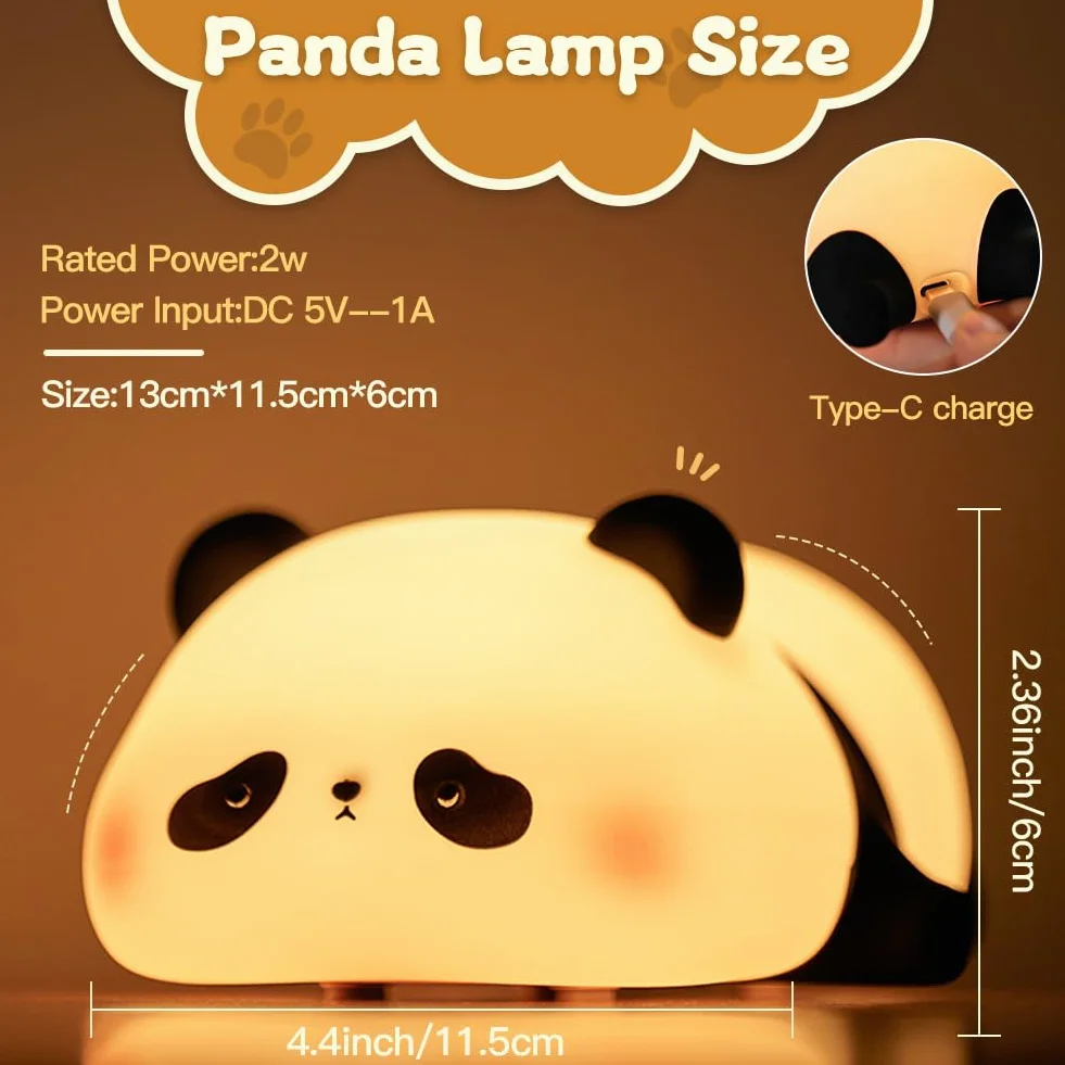 Luz Nocturna Infantil Panda de Silicona, Ajustable 3 Niveles Brillo 30Min Temporizador, USB Recargable LED Lámpara Regalo Niños