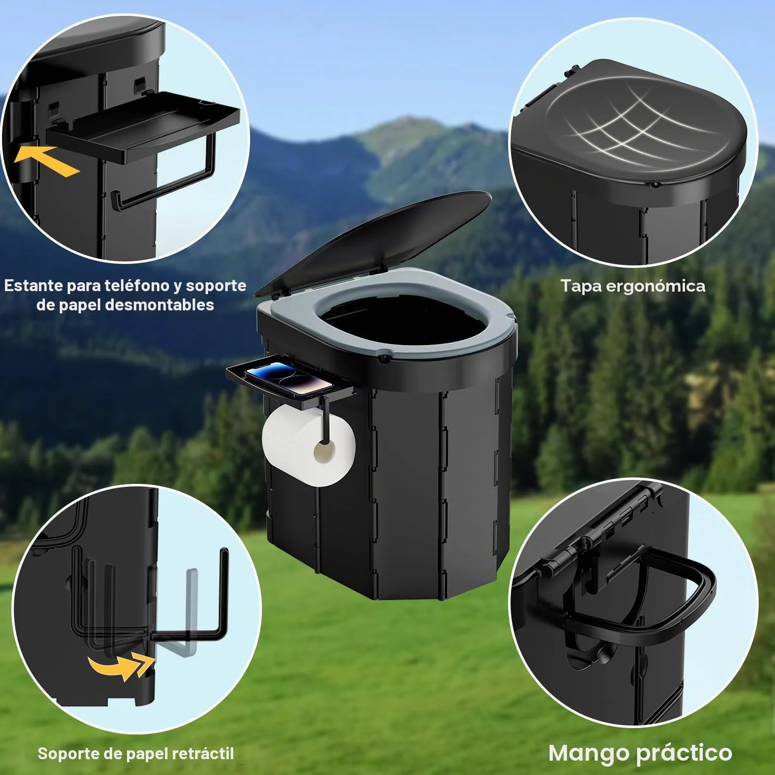 WADEO Inodoro portátil de camping y para coche con cómodo asiento de EVA, inodoro plegable para adultos, cubo higiénico con tapa integrada, portarrollos, soporte para el móvil y 20 bolsas