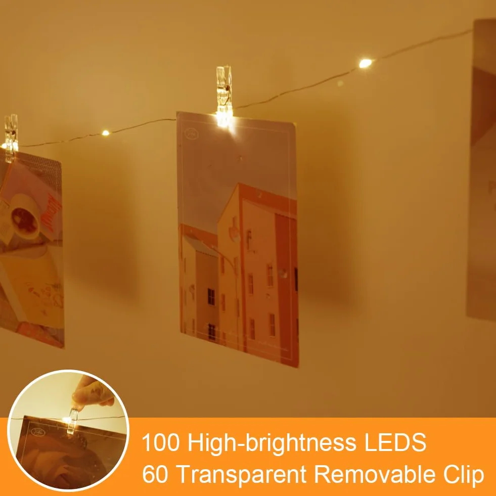 Clip Cadena de Luces LED 10M 100LED Batería 60Pinzas Transparentes Decoración Pared Dormitorio Fiesta Navidad