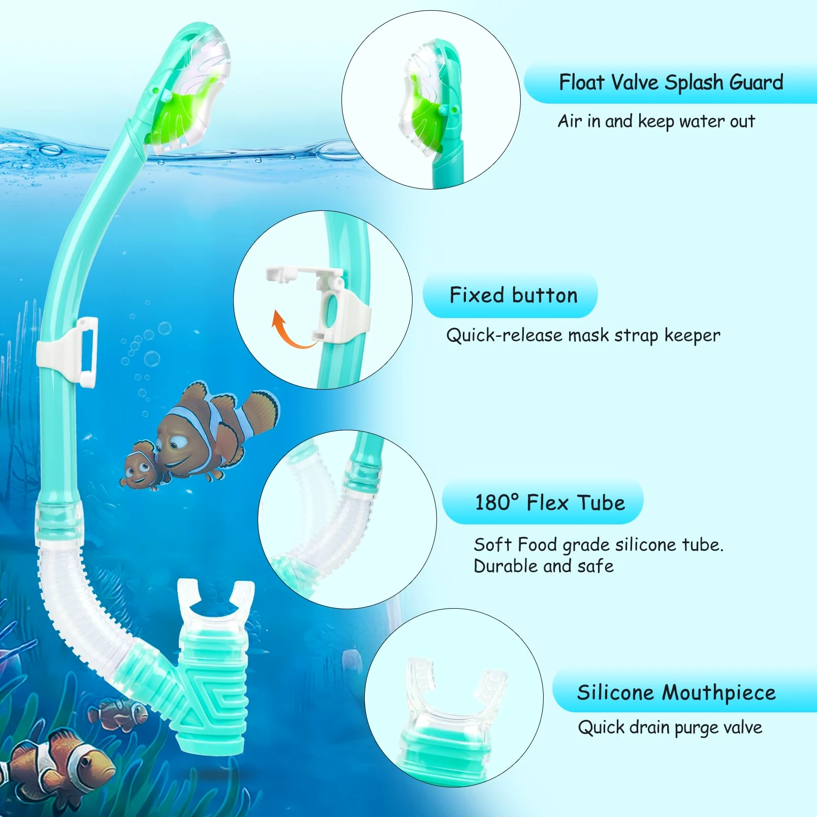Kids Snorkel Set, Child Diving Mask Anti-Fog Swimming Goggles Dry Snorkel Children Snorkeling Swimming Gear for Youth Boys Girls Age 4-14 (Aqua Set)
