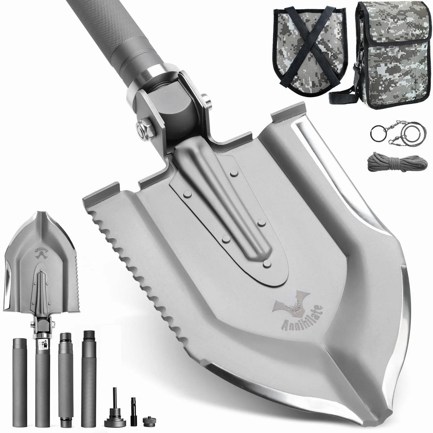 Zune Lotoo Pala Plegable, Pala Camping Multifuncional de Acero al Carbono, Pala Multiusos Portátil 18 en 1 con 3 Ángulos Ajustables para Camping, Senderismo, Jardín, al Aire Libre, Annihilate F1