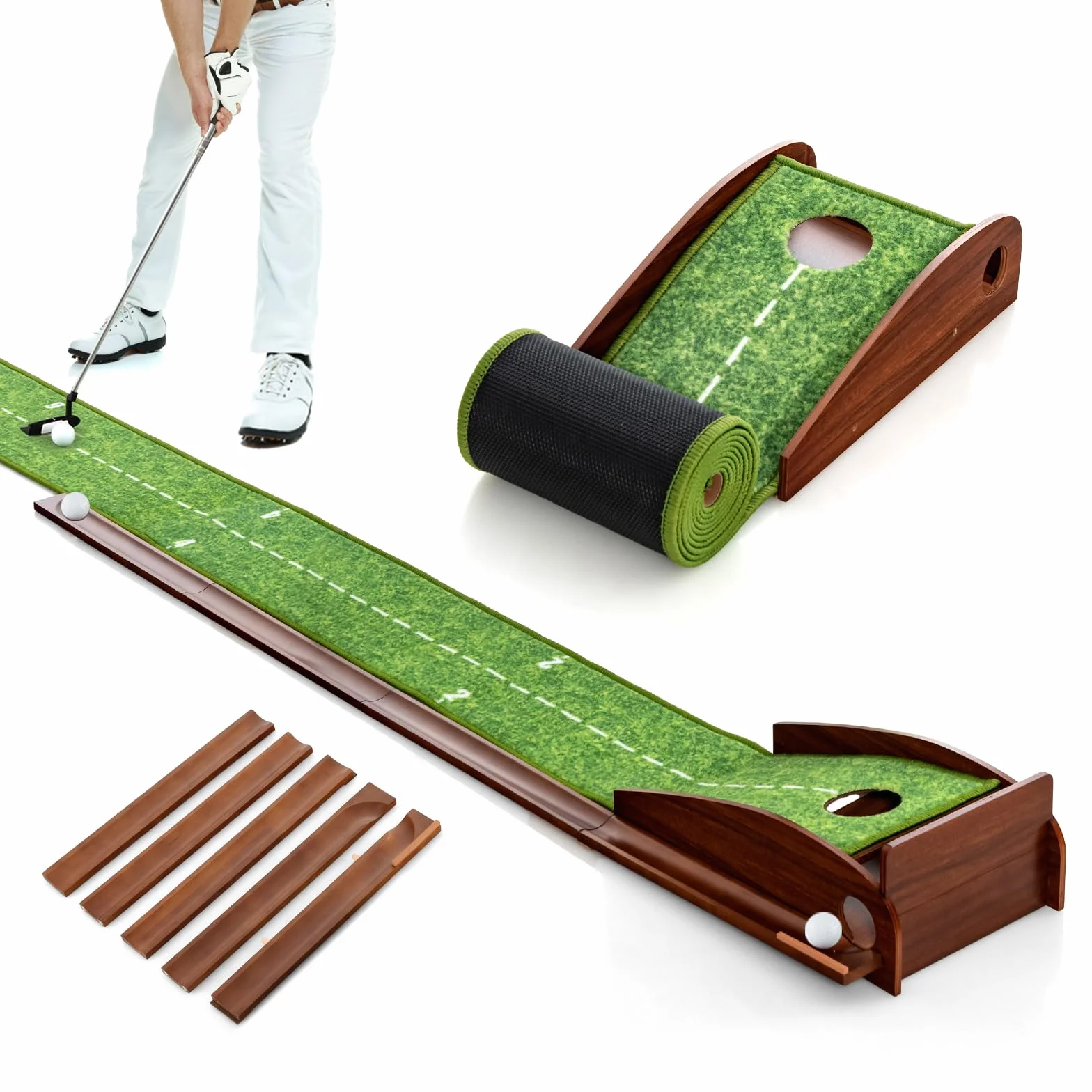 COSTWAY Mini Golf, Alfombra de Putting de Entrenamiento de Golf Interior y Exteriores, 1/2/3 Tamaños De Orificios, Retorno automático de la Bola, 3 Pelotas, Cesped de Minigolf (1 Orificio)