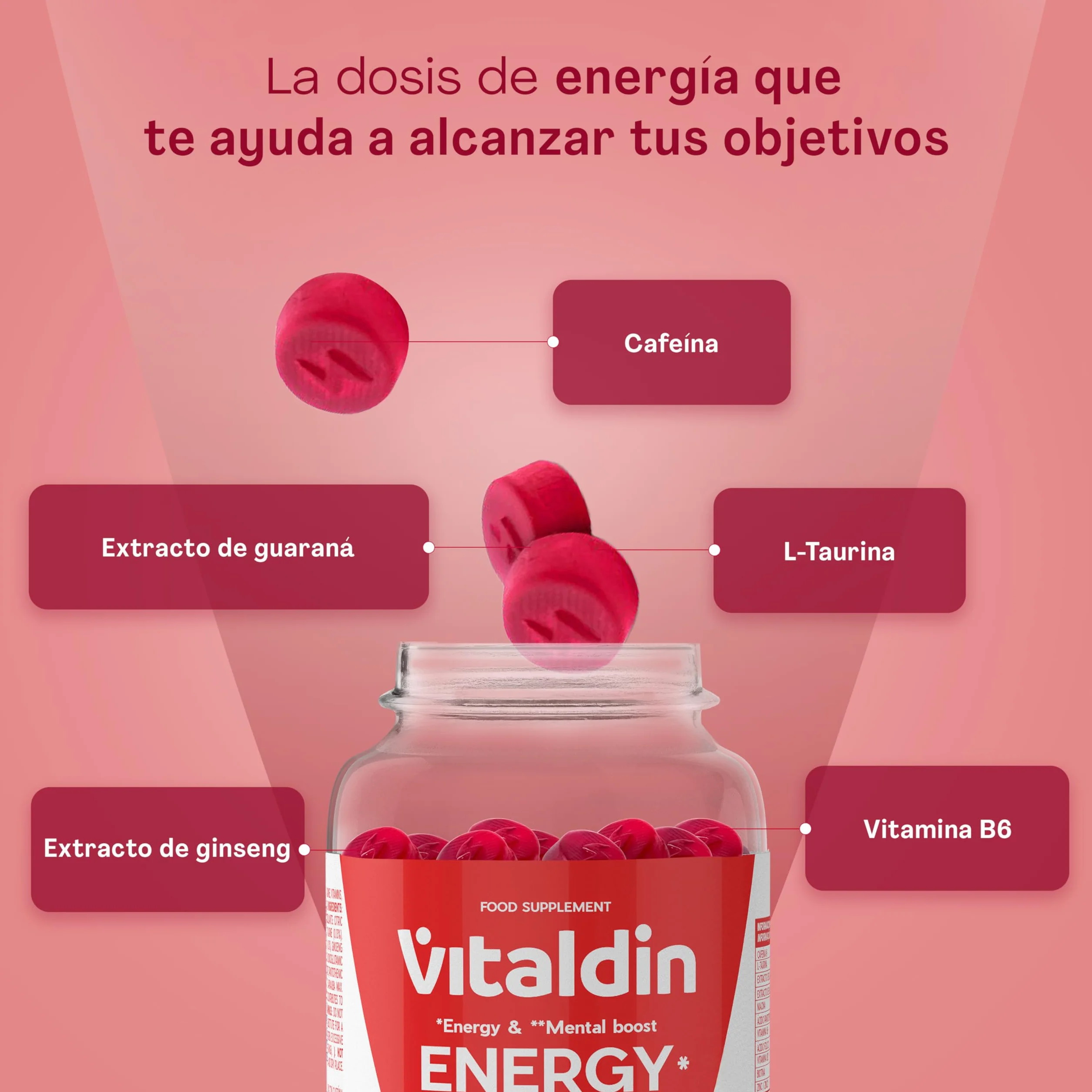 VITALDIN Energy Gummies Veganas Sin Azúcares Añadidos con Ginseng Guaraná Cafeína Taurina Vitaminas B 70 gomas