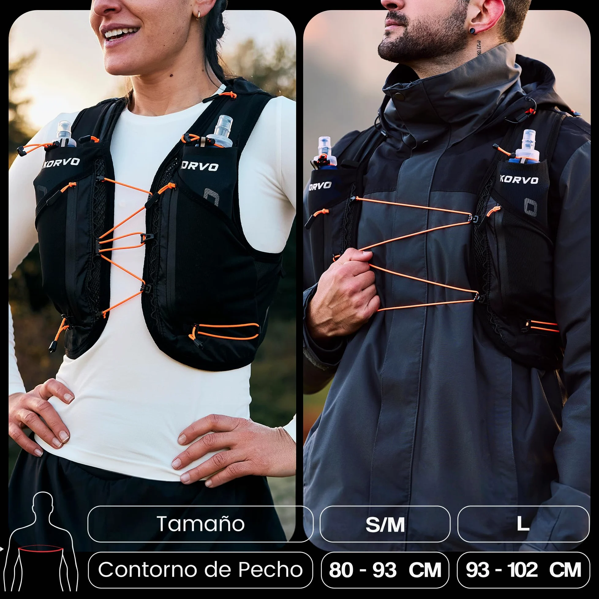 KORVO Chaleco Running Hombre y Mujer + 2 Soft Flask 500ml - Chaleco Hidratacion Trail Running, Mochila Hidratacion Correr, Mochila Trail Running Hombre, Running Vest, Chaleco para Correr