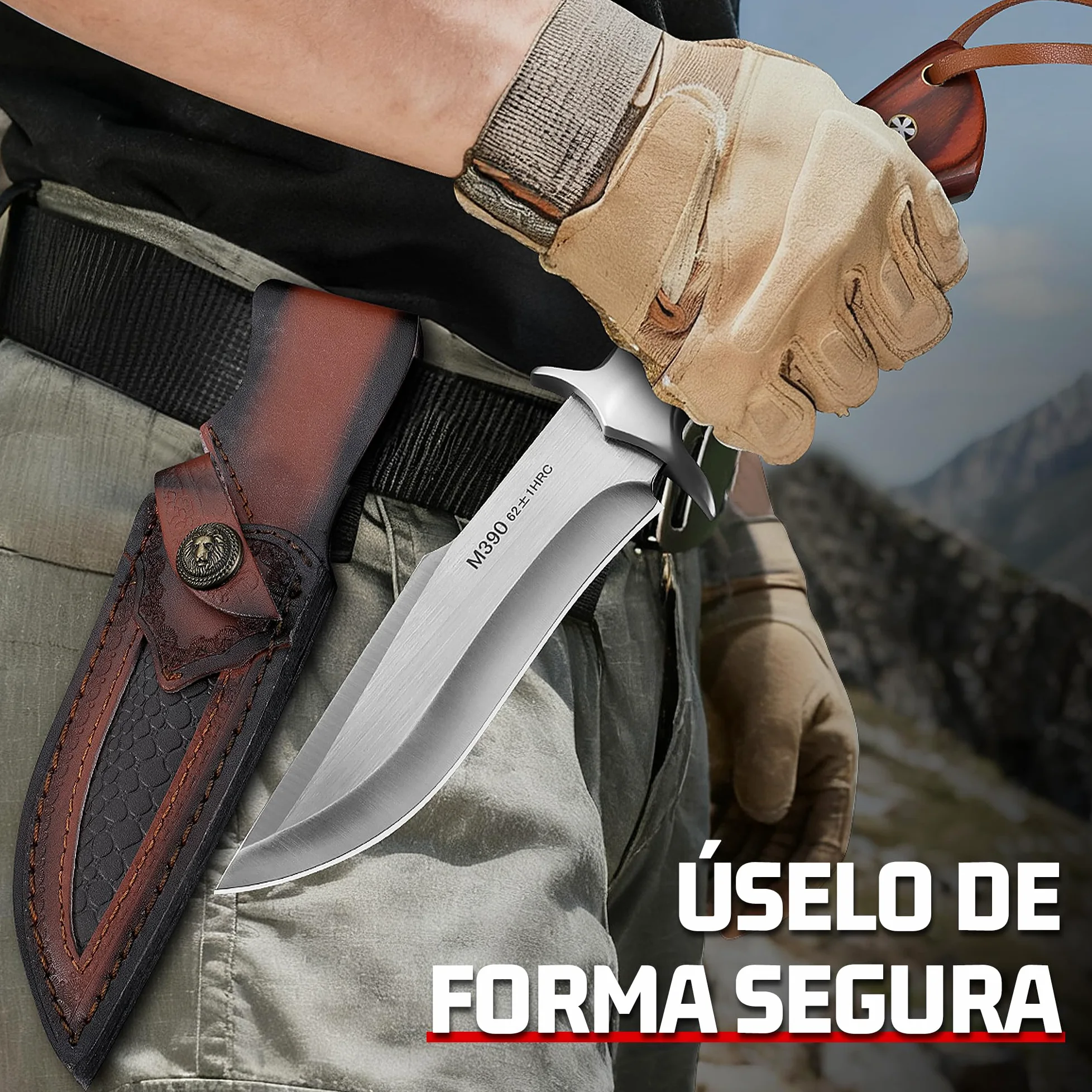 Plys Cuchillo Caza Cuchillo Supervivencia: Cuchillo de CinturóN de Hoja Recta Con Funda de Cuero,Pulsera de Paracord,Mango de Madera,Regalos Para Hombres