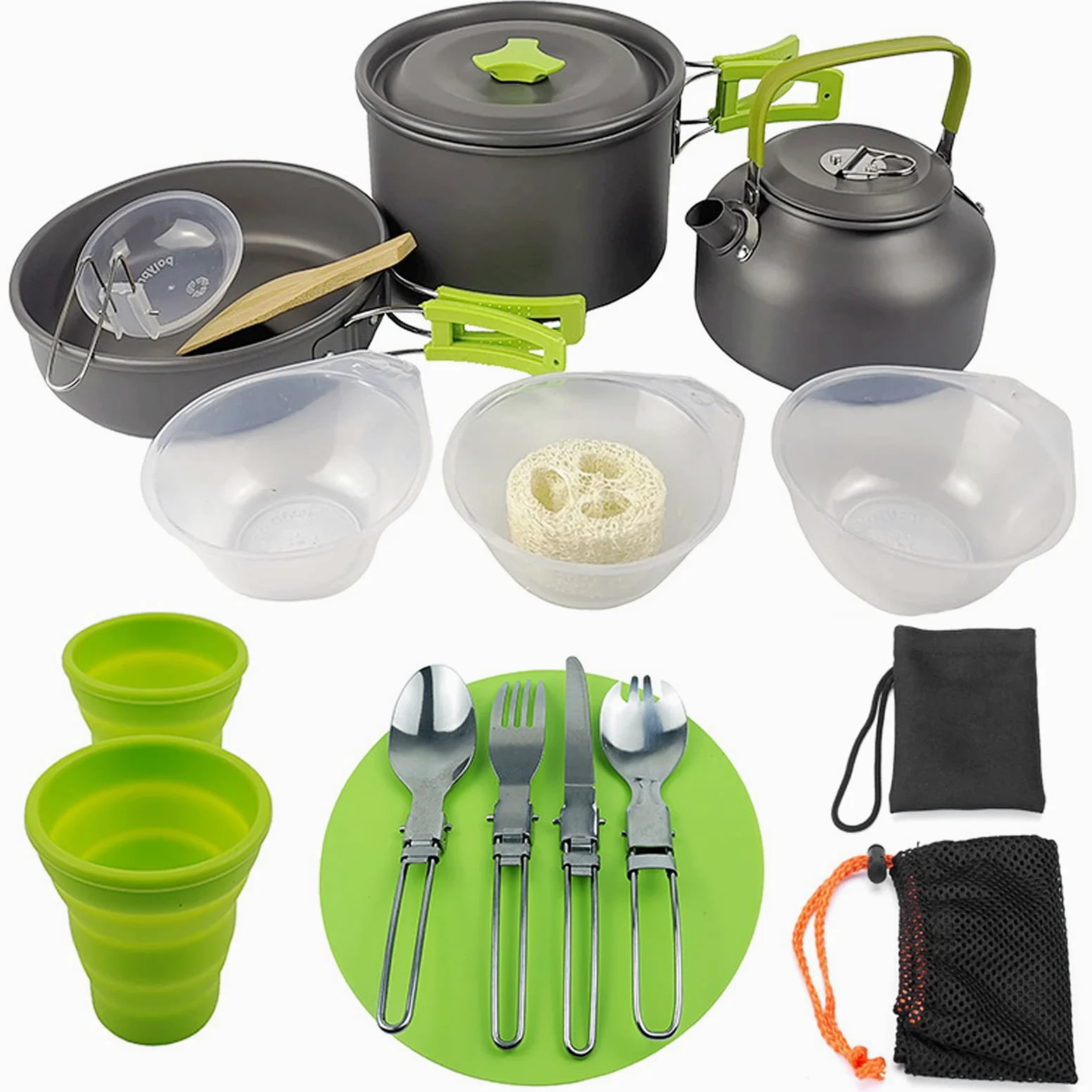 Camping Conjunto Aluminio Camping Kit Utensilios De Cocina para 2-3 Personas, Pan Parrilla Al Aire Libre Portátil Hervidor De Estufa para Picnic Trekking Y Senderism Green-One Size