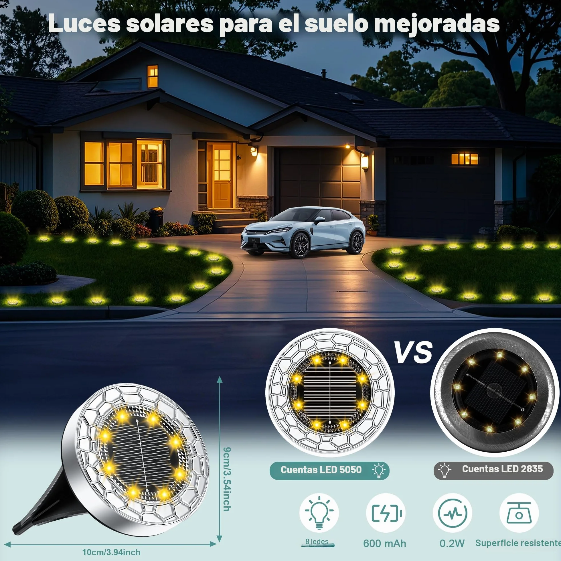 FIFlying 10 Piezas Luces Solares LED Exterior Jardín, 8 LED, Acero Inoxidable, Blanco Cálido