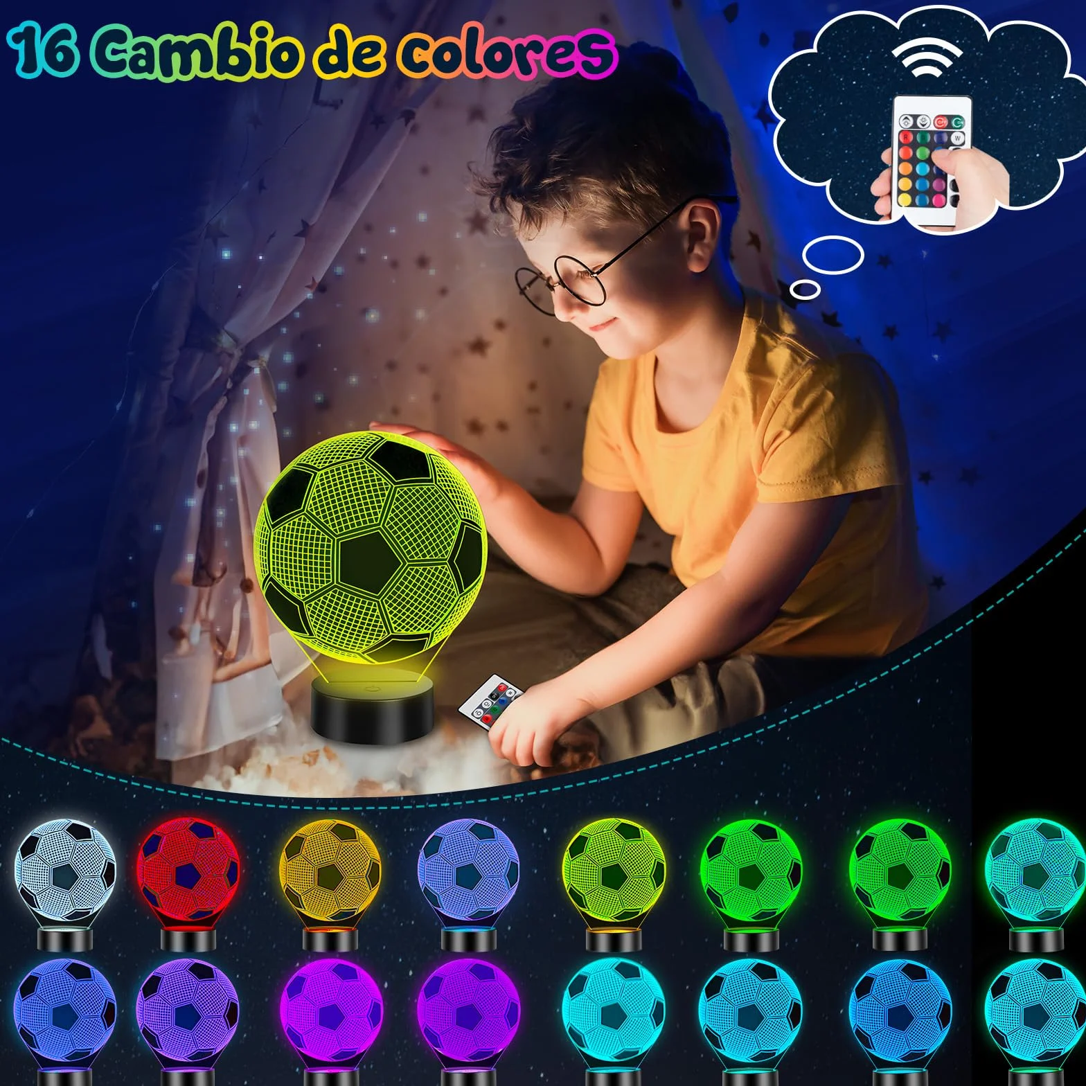 Linkax Luz Nocturna 3D Fútbol Infantil LED 16 Colores Control Remoto Táctil