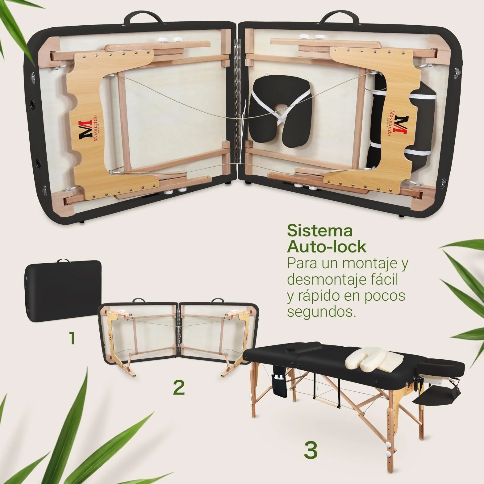 MASSUNDA Camilla Masaje Móvil Confort Deluxe Regulable en Altura Madera Maciza con Reposacabezas Ergonómico Negro