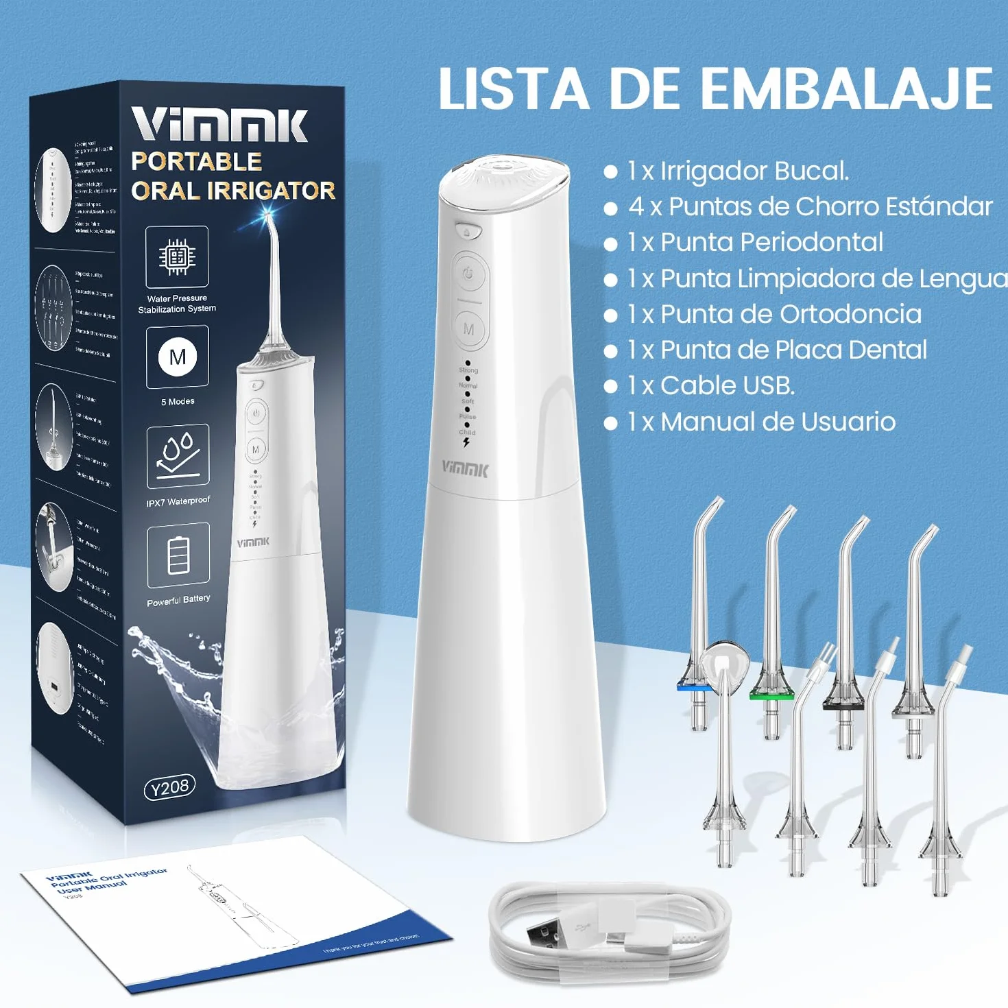 Vimmk Irrigador Bucal Portatil Inalámbrico Dental 8 Boquillas 5 Modos IPX7 Impermeable 300ML USB-C Recargable Blanco