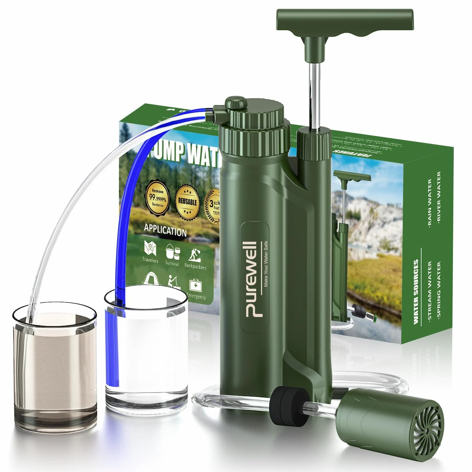 Purewell Bomba de filtro de agua portátil, bomba de supervivencia de membrana RO, sistema de filtración de agua de 0.0001 micras, 3 etapas de filtro, purificador de agua para senderismo, camping