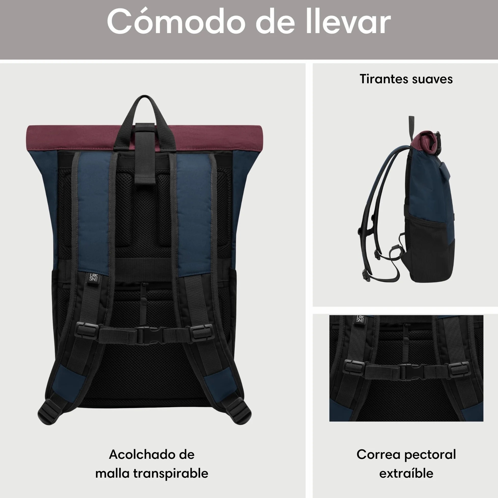 LARKSON Mochila Enrollable Hombre & Mujer - No 4 - Macuto para Viaje, Uni, Trabajo - de Botellas Pet Recicladas - Bolso para Portátil - Impermeable