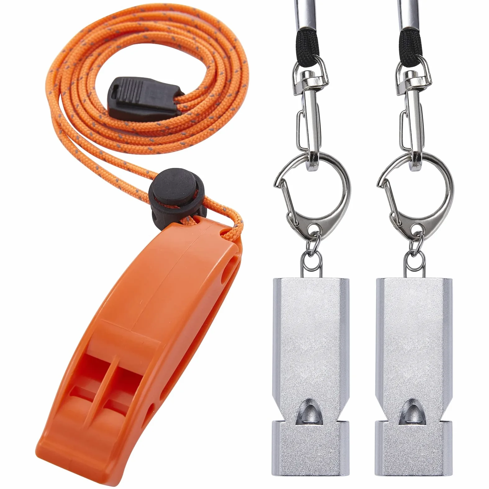 Silbatos de emergencia con cordón, tres tubos, silbatos de seguridad, paquete de 2 y 1 paquete de silbato de supervivencia de plástico para kayak, senderismo, camping, barco, al aire libre