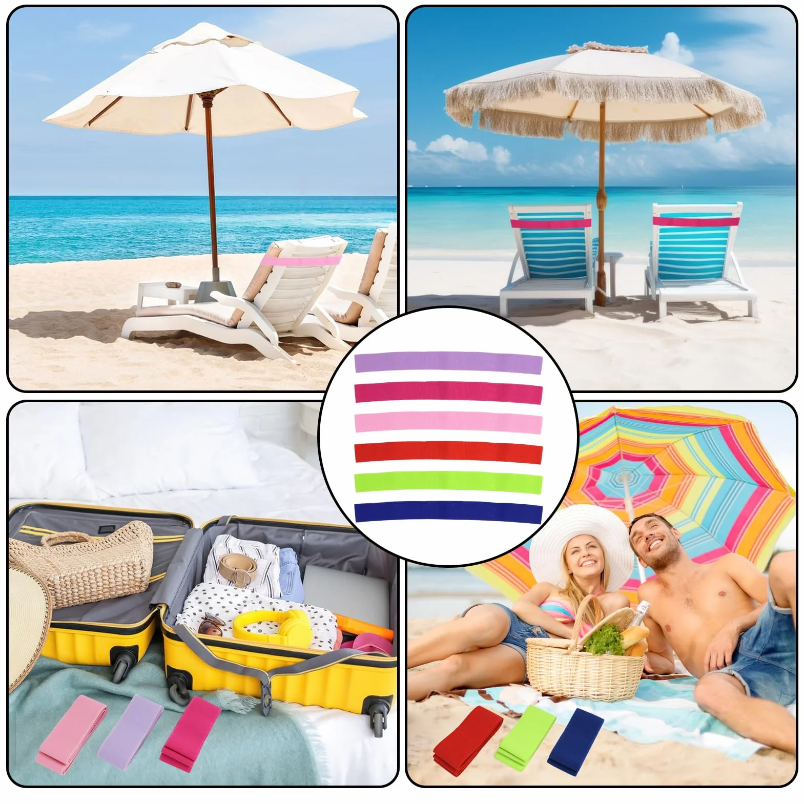 Paquete de 6 bandas de toalla para crucero, playa, tumbona, piscina, sillas de piscina, clips de toalla elásticos extra duraderos, sin broches, accesorios esenciales para cruceros y playa