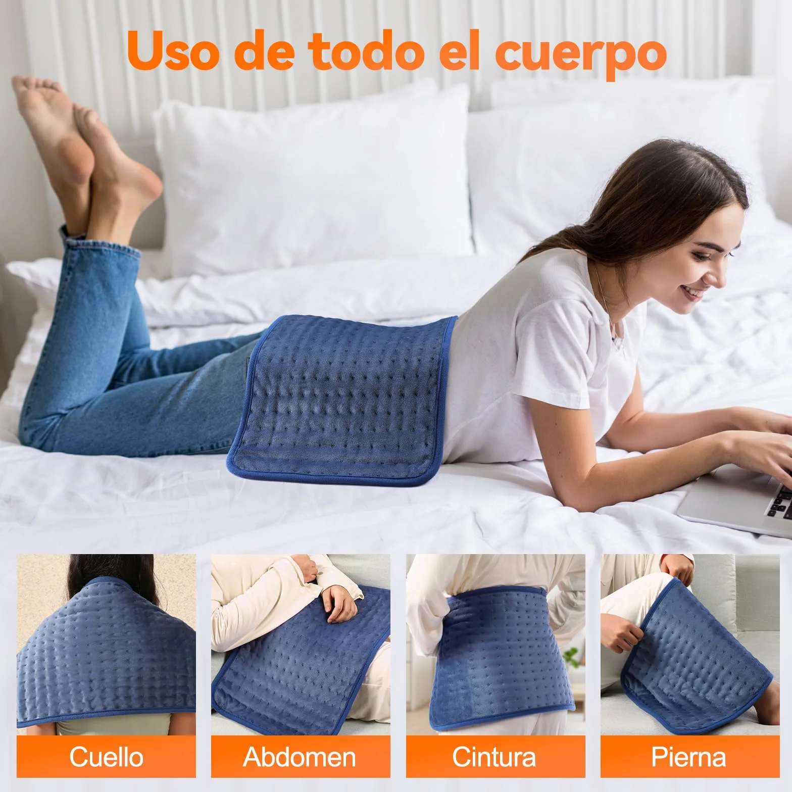 Manta Electrica Lumbar, 30x60cm Esterilla Electrica mit 4-Stunden-Timer und 6 Heizstufen, Almohadilla Electrica Lumbar con Mando a Distancia Digital, Apagado Automático, Lavable a Máquina Azul