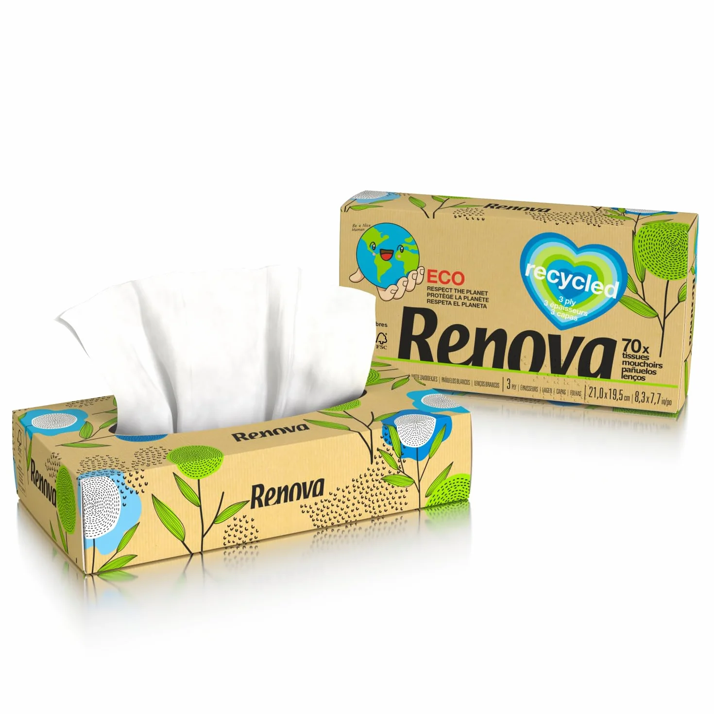 Renova Pañuelos Faciales Reciclados Cajita 70 Papel Reciclado FSC Ecolabel