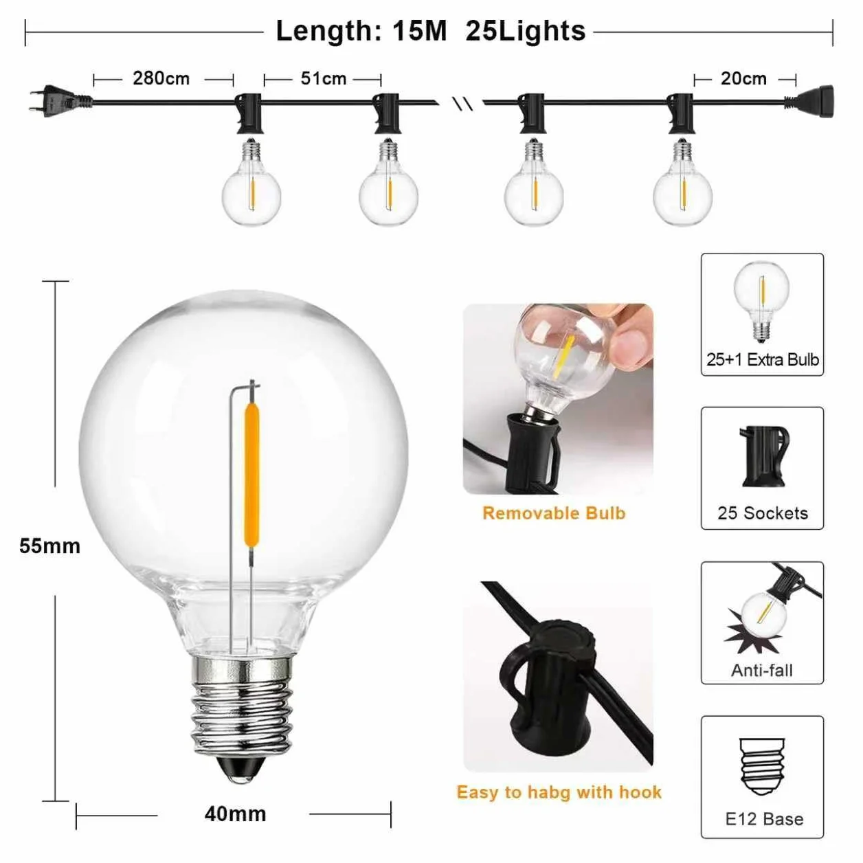 Cadena de Luces Exterior 15M IP44 Impermeable LED G40 25+1 Bombillas